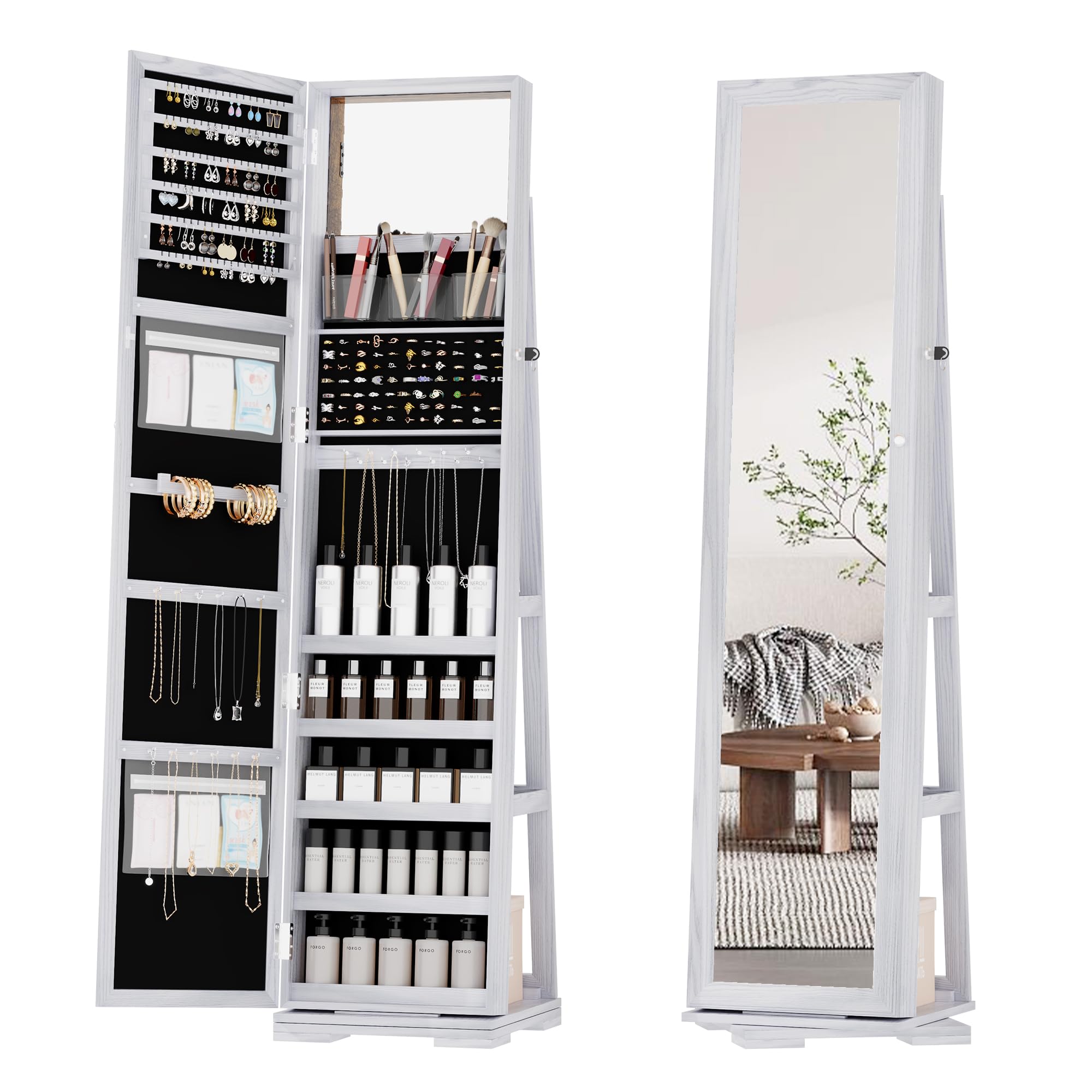 360° Rotating Jewelry Armoire with Full-Length Mirror & Lockable Storage - 66