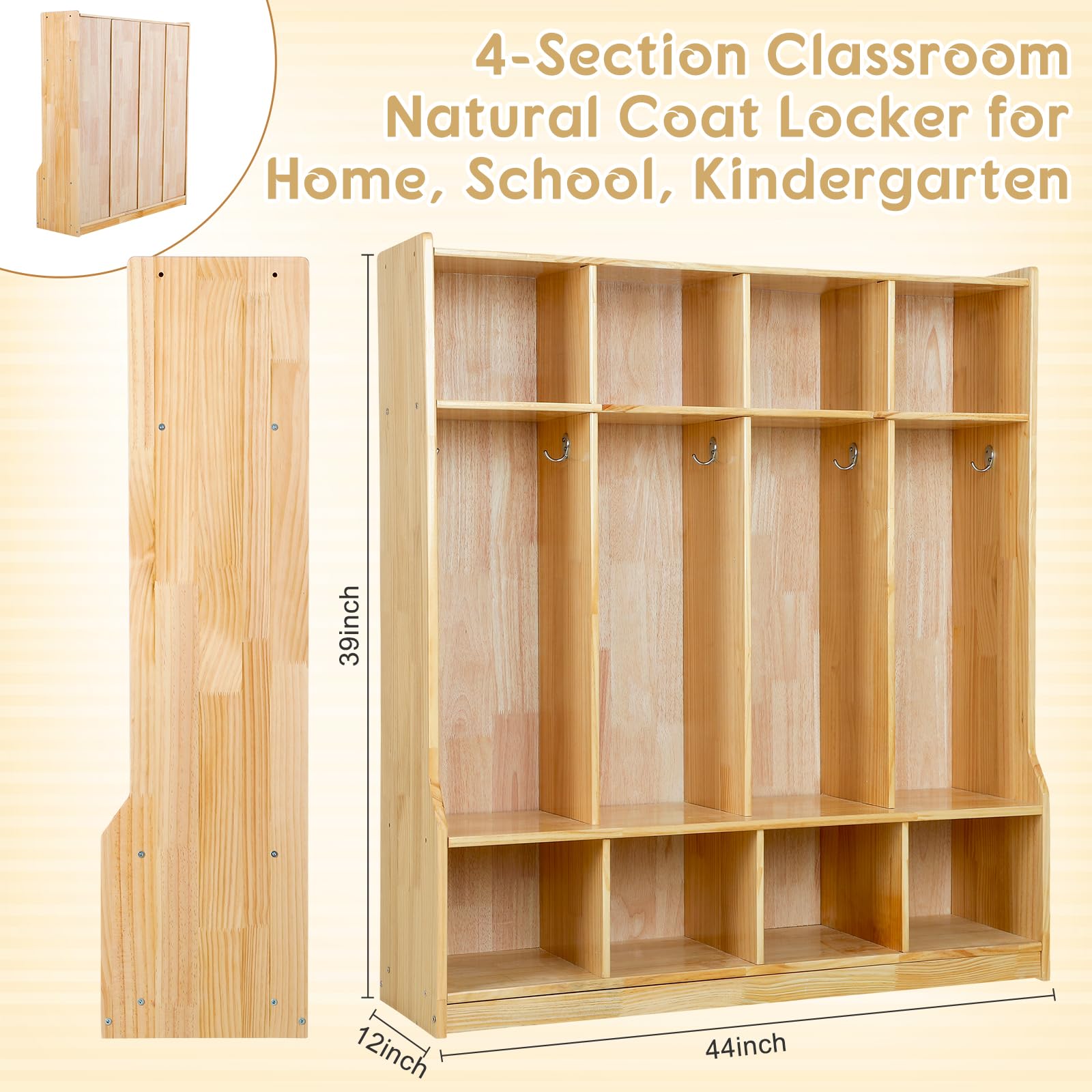 4-Section Wooden Coat Locker with Bench - Natural Pine Backpack Storage Cubby with Hooks - Perfect for Daycare, Classroom & Home Organization - Ideal for Kids' Backpack Storage, Shoe Organization & Entryway Decor