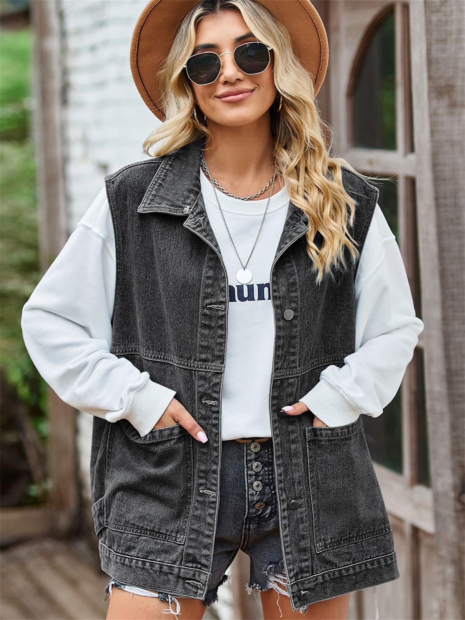 Uposiut Women's Oversized Distressed Denim Vest - Long Sleeveless Jean Jacket for Casual Outfits & Layering | Perfect for Spring, Fall & Outdoor Activities