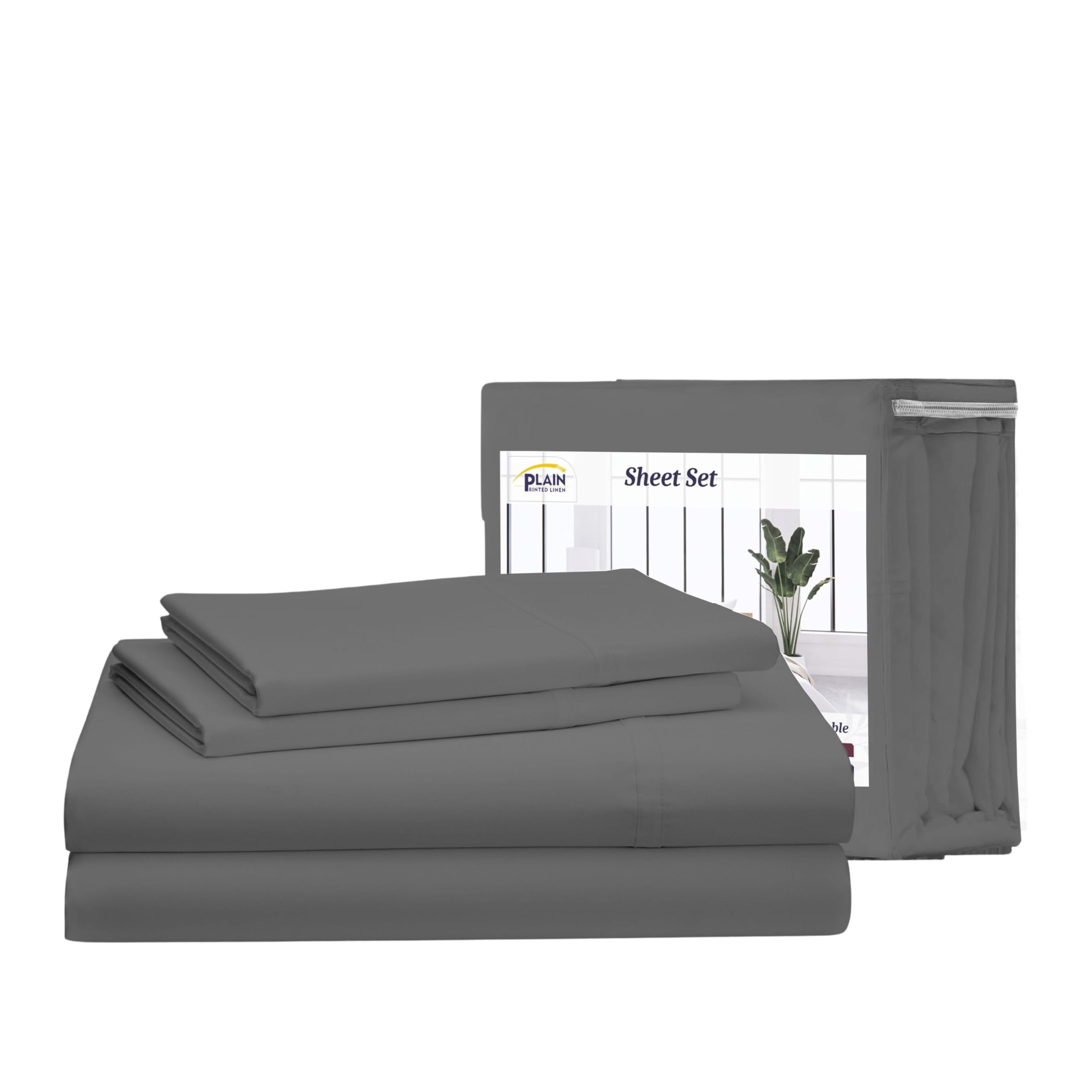 Breathable & Cooling 4-Piece Twin XL Linen Sheet Set - Soft Polycotton Blend Bed Sheets in Dark Grey - Perfect for Hot Sleepers & Summer Nights