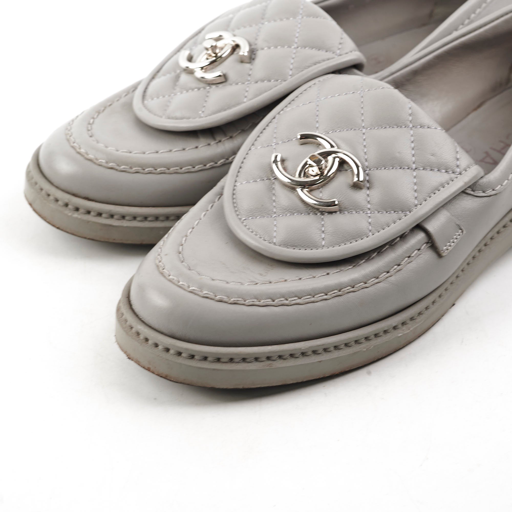 Chanel Quilted Grey Leather Loafers Women's Size 36.5 - Luxury Comfortable Slip-On Shoes for Office, Travel & Casual Outings