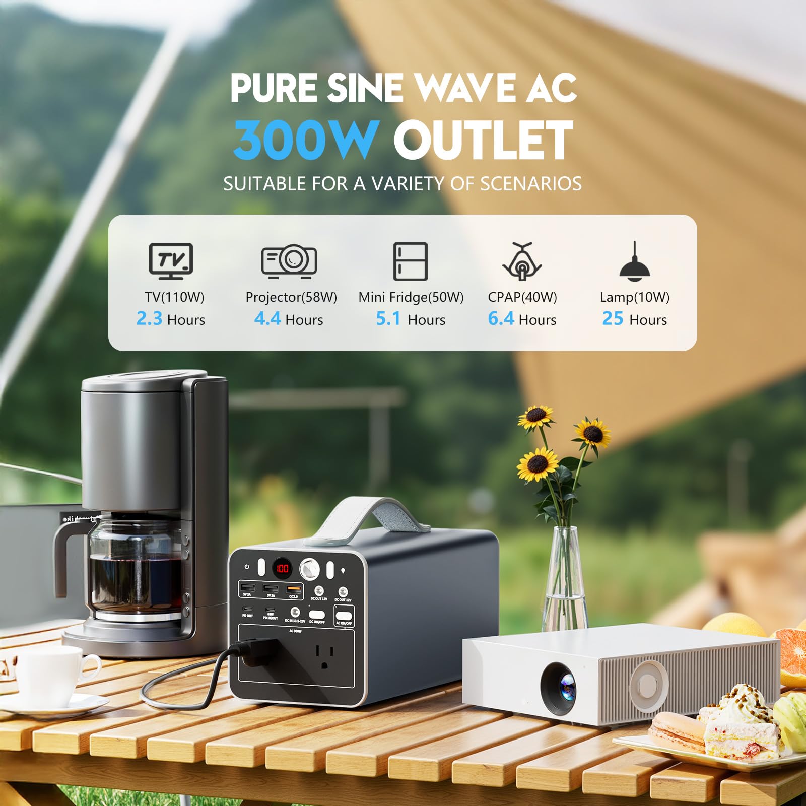 300W Portable Power Station - 299.7Wh Solar Generator with AC Outlet & 65W PD/USB-C Port | Emergency Backup Battery for Camping, Home, RV & Outdoor Adventures | Charges Laptops, Phones & Small Appliances