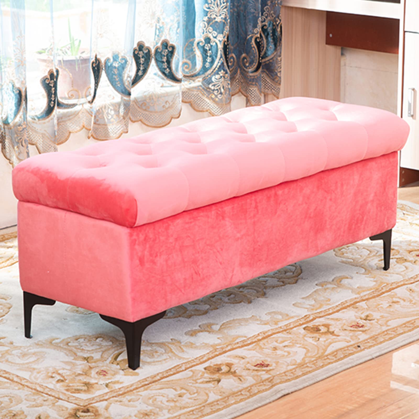 W&X Velvet Upholstered Storage Ottoman Bench with Gold Legs - 60x45x45cm (24x18x18in) Light Red, Multi-Functional Entryway Bench for Bedroom, Living Room & Vanity | Perfect for Extra Seating & Hidden Storage