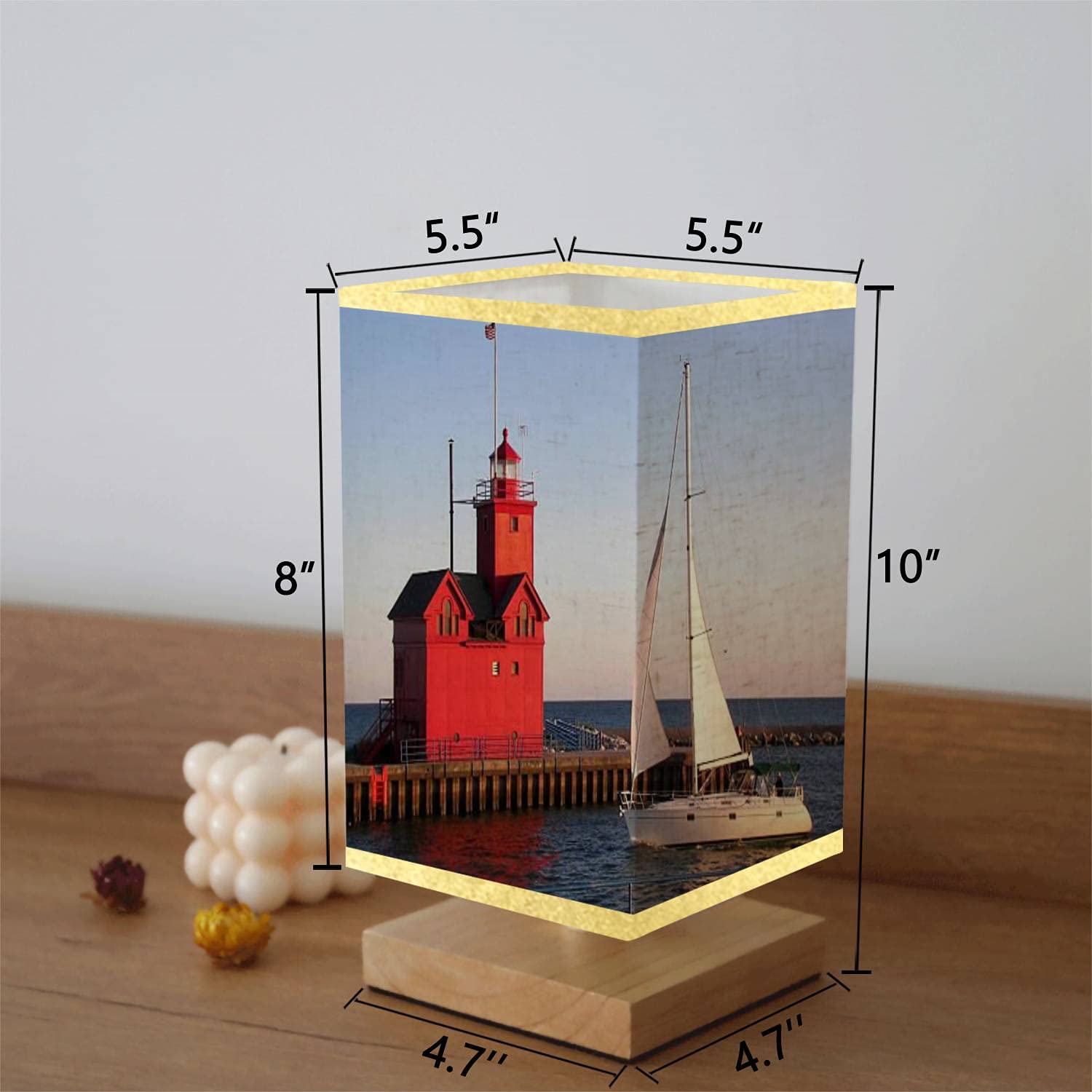 Red Lighthouse & Sailboat Wooden Base Table Lamp with Flaxen Fabric Shade - Dimmable Nightstand Lamp for Bedroom, Living Room, Office | Perfect for Coastal Decor, Reading Nook & Bedside Lighting