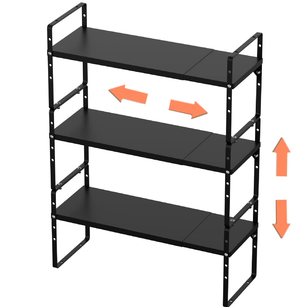 Expandable Cabinet Shelf Organizer - Stackable Metal Rack for Kitchen, Bathroom & Pantry Storage (Black, 8