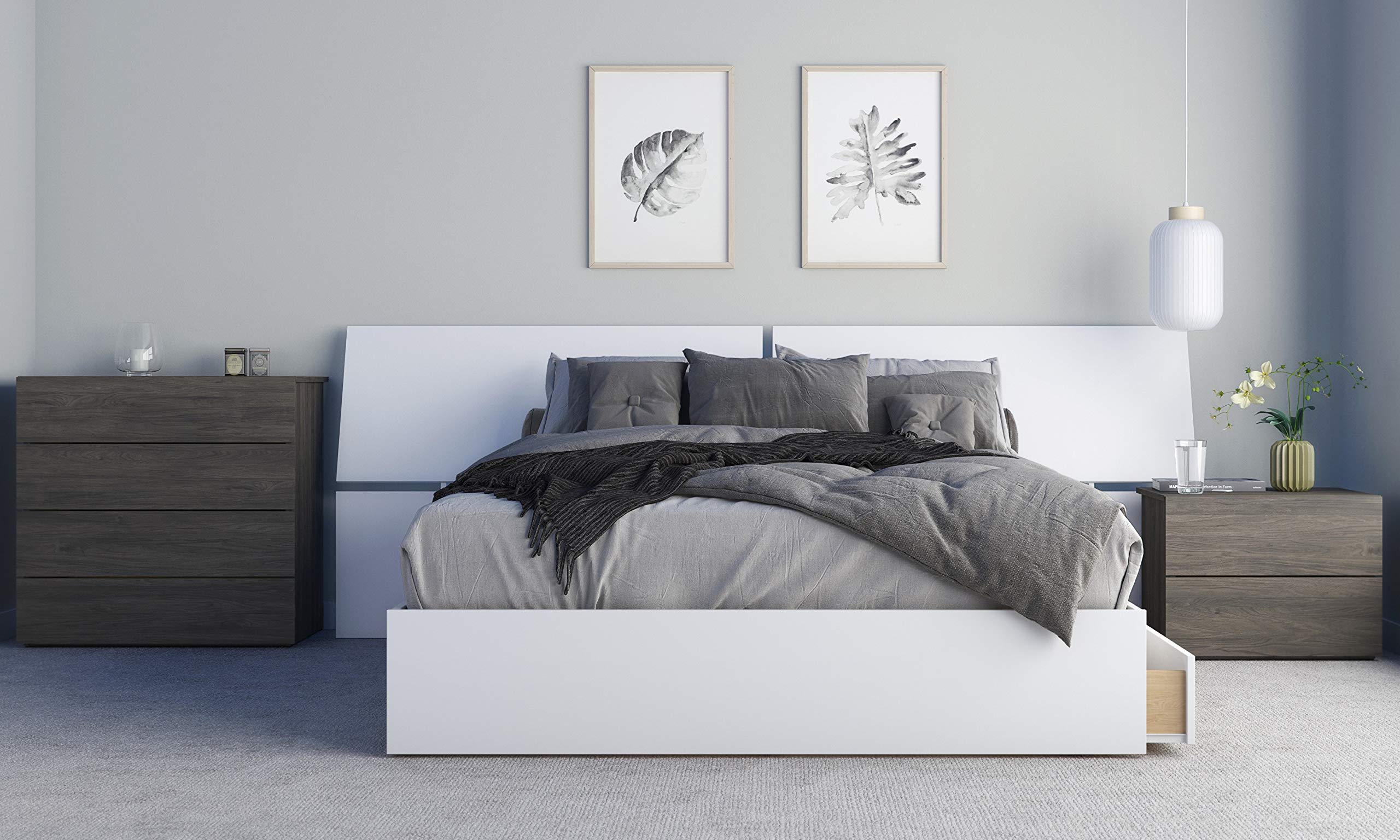 Nexera Origin 4-Piece Queen Size Bedroom Set in Bark Grey & White - Modern Bed Frame, Nightstand & Dresser for Cozy Master Bedroom Decor