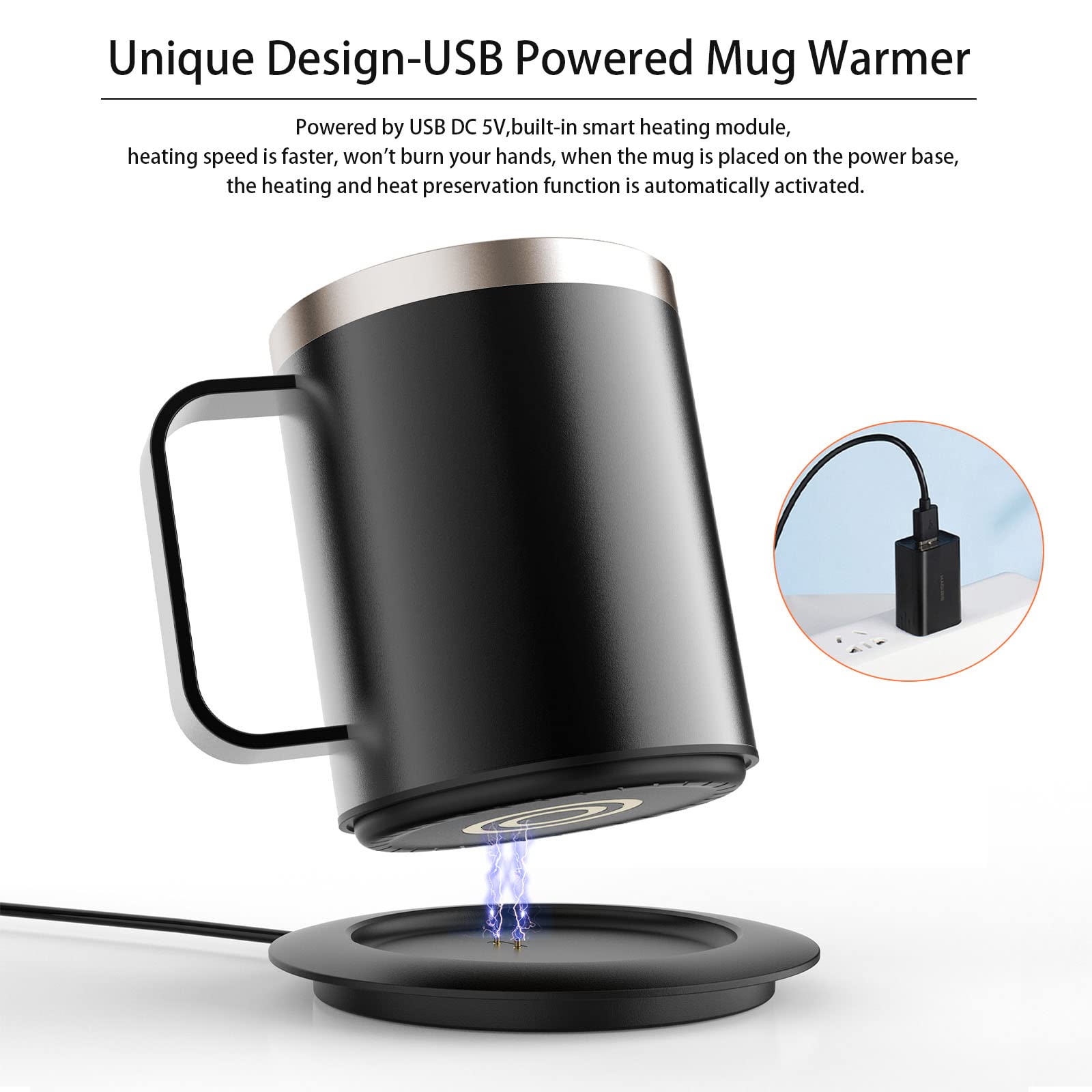 Electric Coffee Mug Warmer Set - 12oz USB-Powered Self-Heating Mug with 10H Auto Shutoff (131°F) - Perfect for Office Desk, Home & Travel - Black