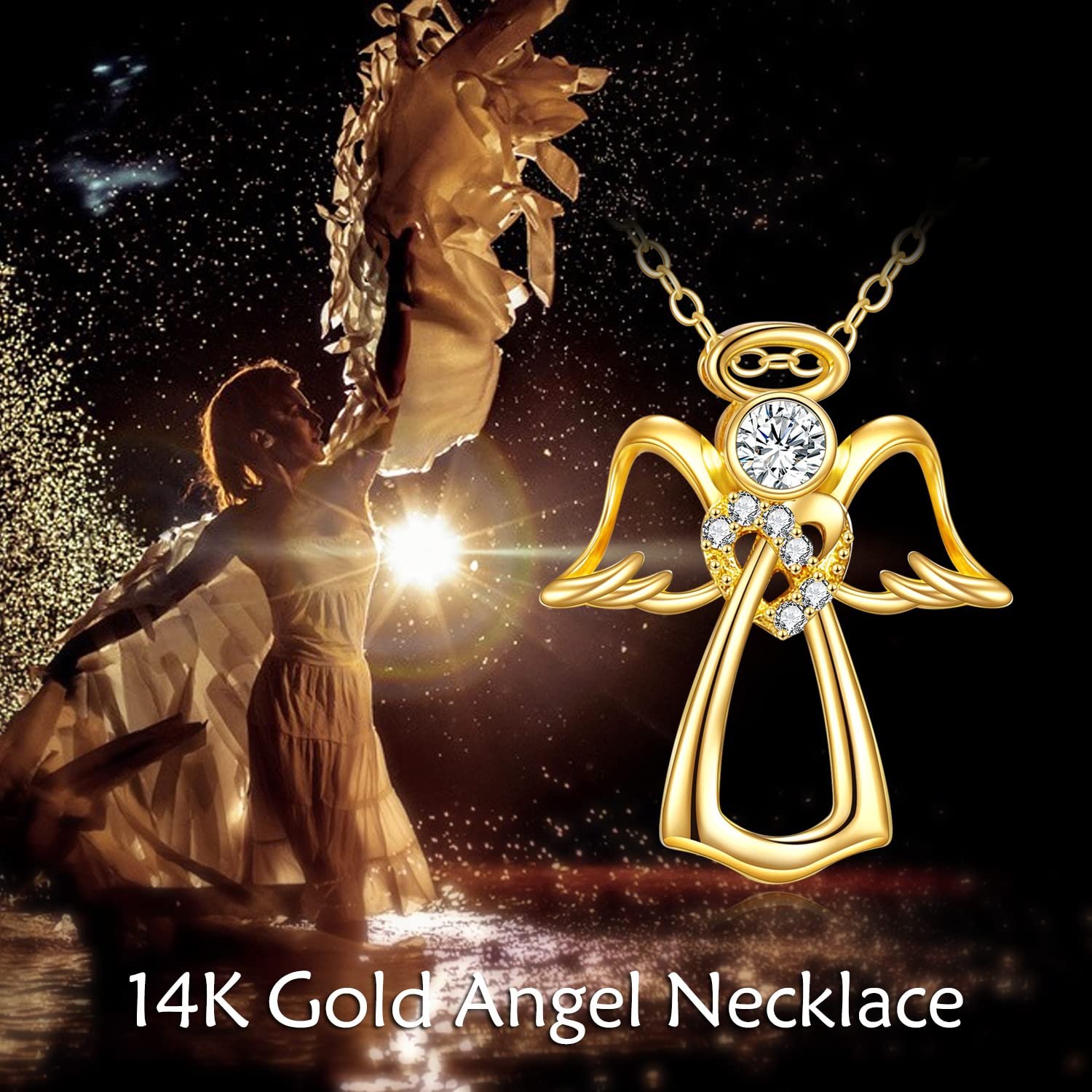 14K/18K Yellow Gold Guardian Angel Necklace with Heart Crystal & Angel Wings Pendant - Elegant Gift for Women, Girls, Wife, Daughter, Girlfriend - Perfect for Birthdays, Anniversaries, Christmas & Special Occasions