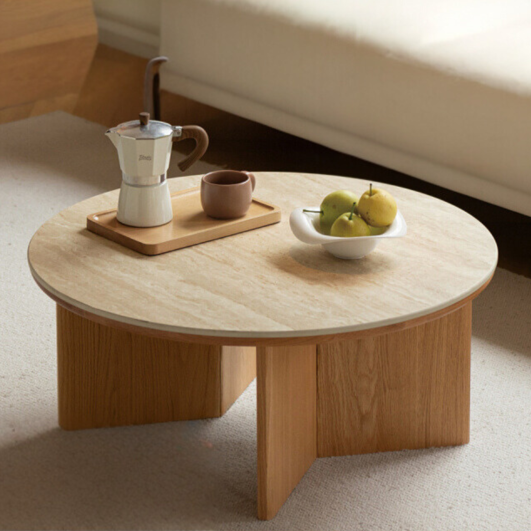 Solid Oak Wood Travertine Coffee Table - Rustic Modern Living Room Furniture for Home Decor & Lounge Use