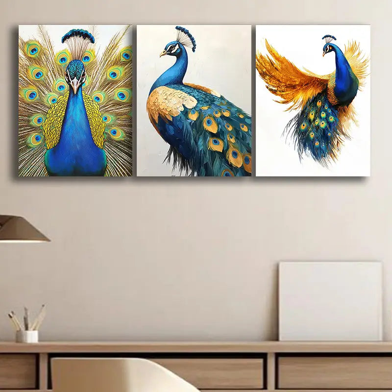 3pcs Peacock Metal Wall Art - Ready to Hang Home Decor for Living Room, Bedroom & Office - Elegant Peacock Painting on Metal for Modern Interior Design