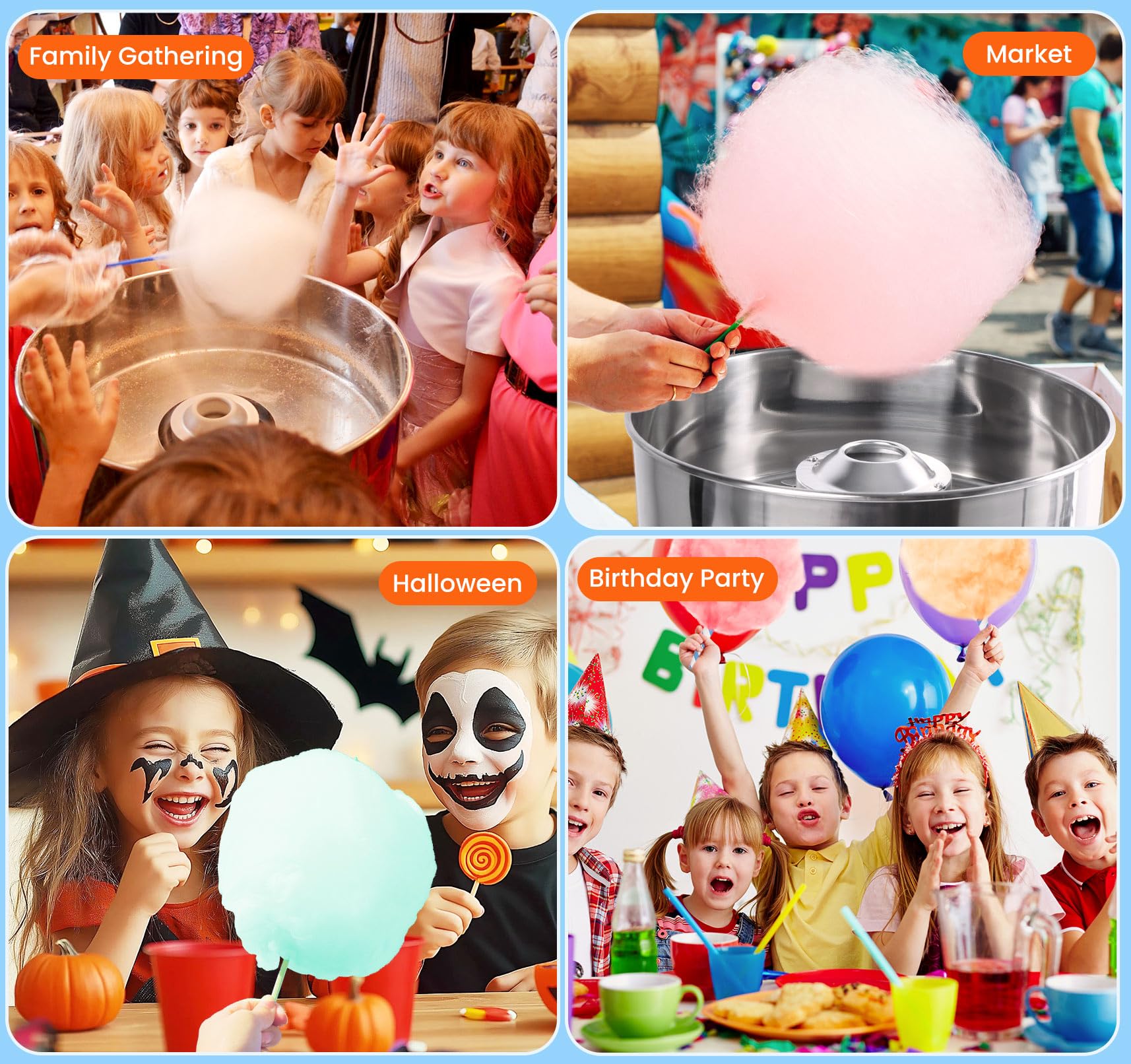 Commercial Cotton Candy Machine 1000W - Electric Candy Floss Maker with Stainless Steel Bowl & Sugar Scoop - Perfect for Kids Birthday Parties, Carnival Events, and Family Gatherings - Blue