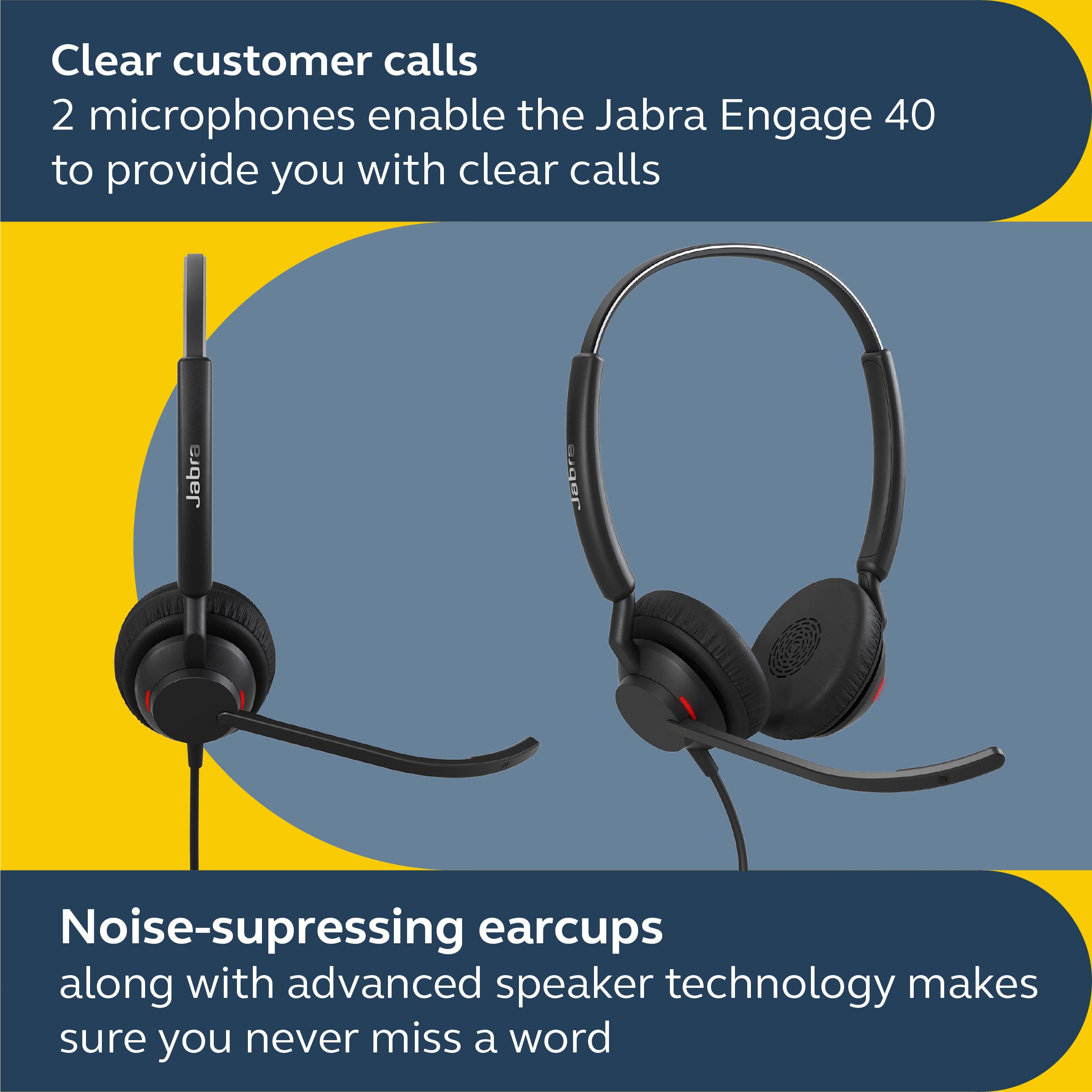 Jabra Engage 40 Wired Stereo Headset with Noise-Cancelling Mic - USB-A Office Headphones for Microsoft Teams, Zoom & Call Centers | Lightweight Design, Inline Call Control | Perfect for Remote Work & Business Communications
