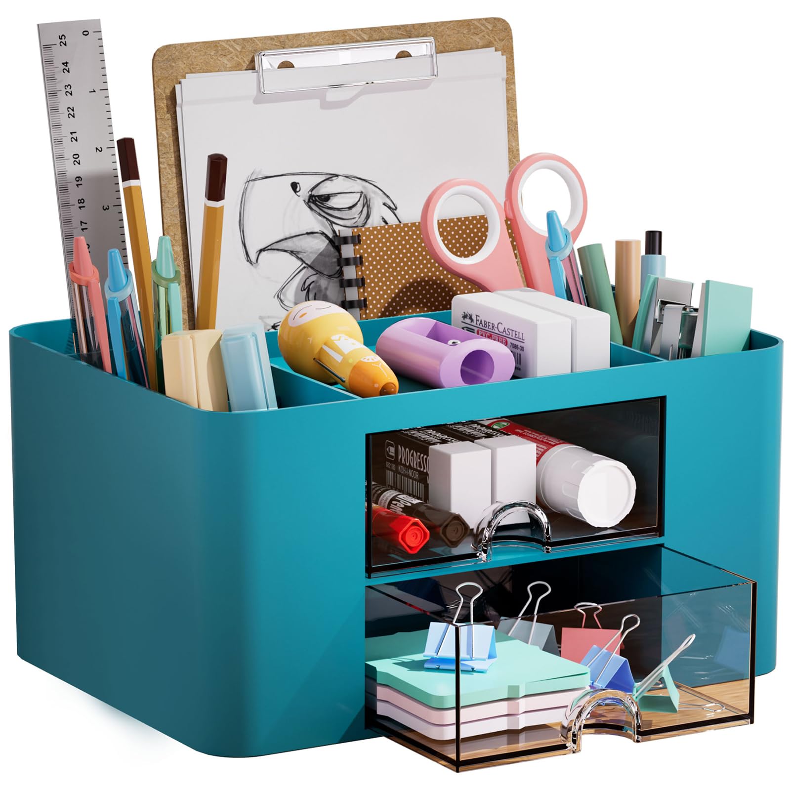 Premium Marbrasse Pen Organizer with 2 Drawers - Multi-Functional Desk Pencil Holder with 5 Compartments for Office & Art Supplies (Dark Green) - Perfect for Home Office, School & Craft Room Organization
