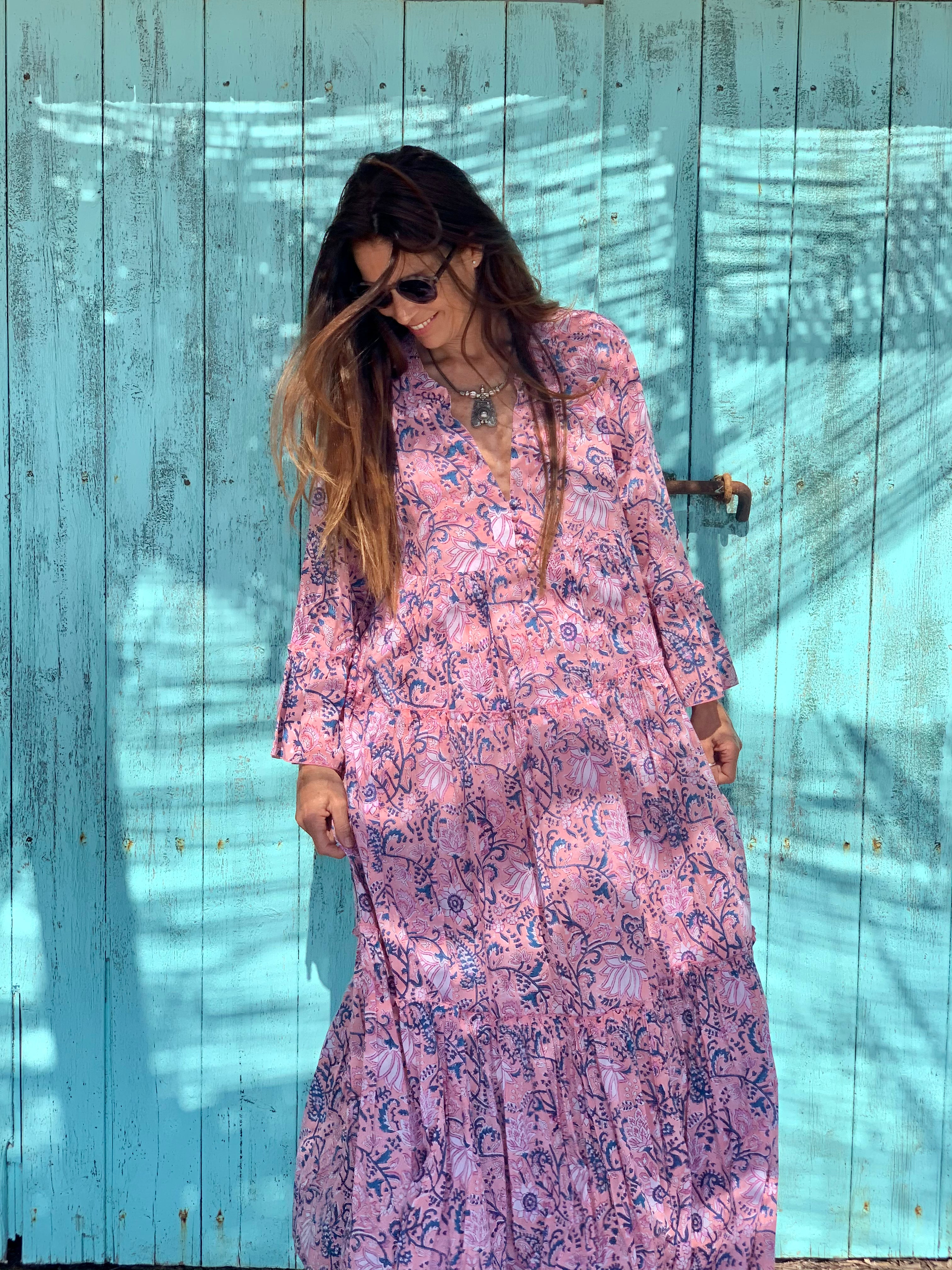 Elegant Long Rose Cotton Geo Dress - Flowy Boho Maxi Dress for Women, Perfect for Summer, Beach, and Casual Outings