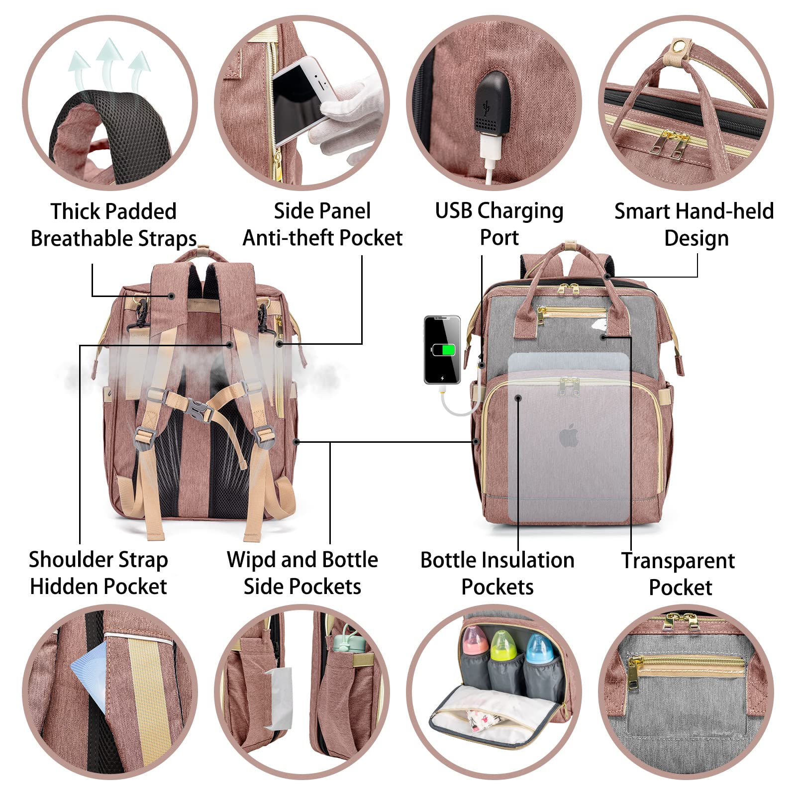 Waterproof Diaper Backpack for Baby Boys & Girls - Large Travel Diaper Bag with USB Charging Port - Multifunctional Parent Backpack for Moms & Dads (Pink Grey) - Perfect for Daycare, Travel & Outdoor Activities