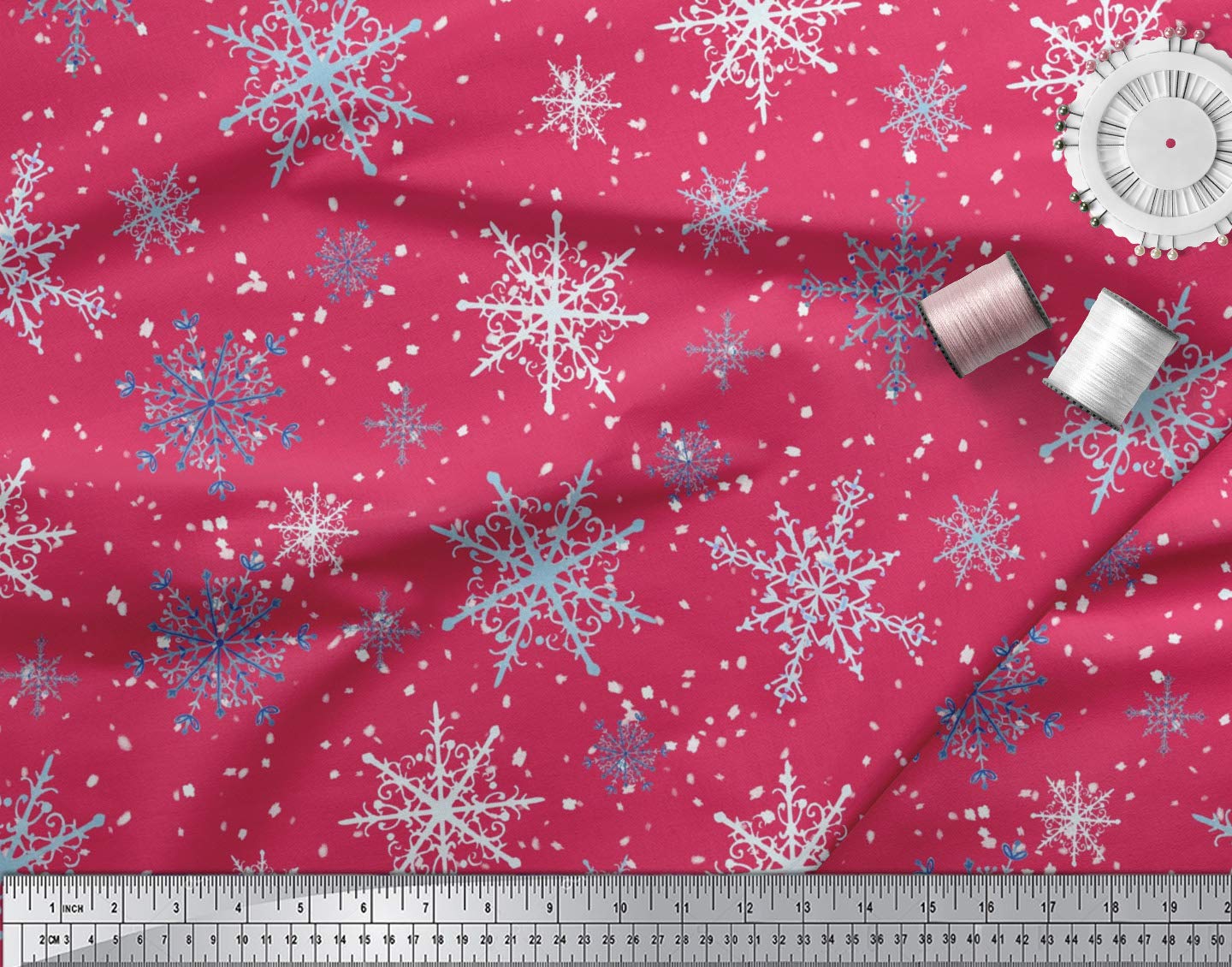 Soimoi Moss Georgette Pink Fabric by The Yard - 42 Inch Wide Printed Fabric with Snowflakes & Stars Pattern - Winter Whimsy Design for Dresses, Scarves, DIY Crafts & Home Decor Projects