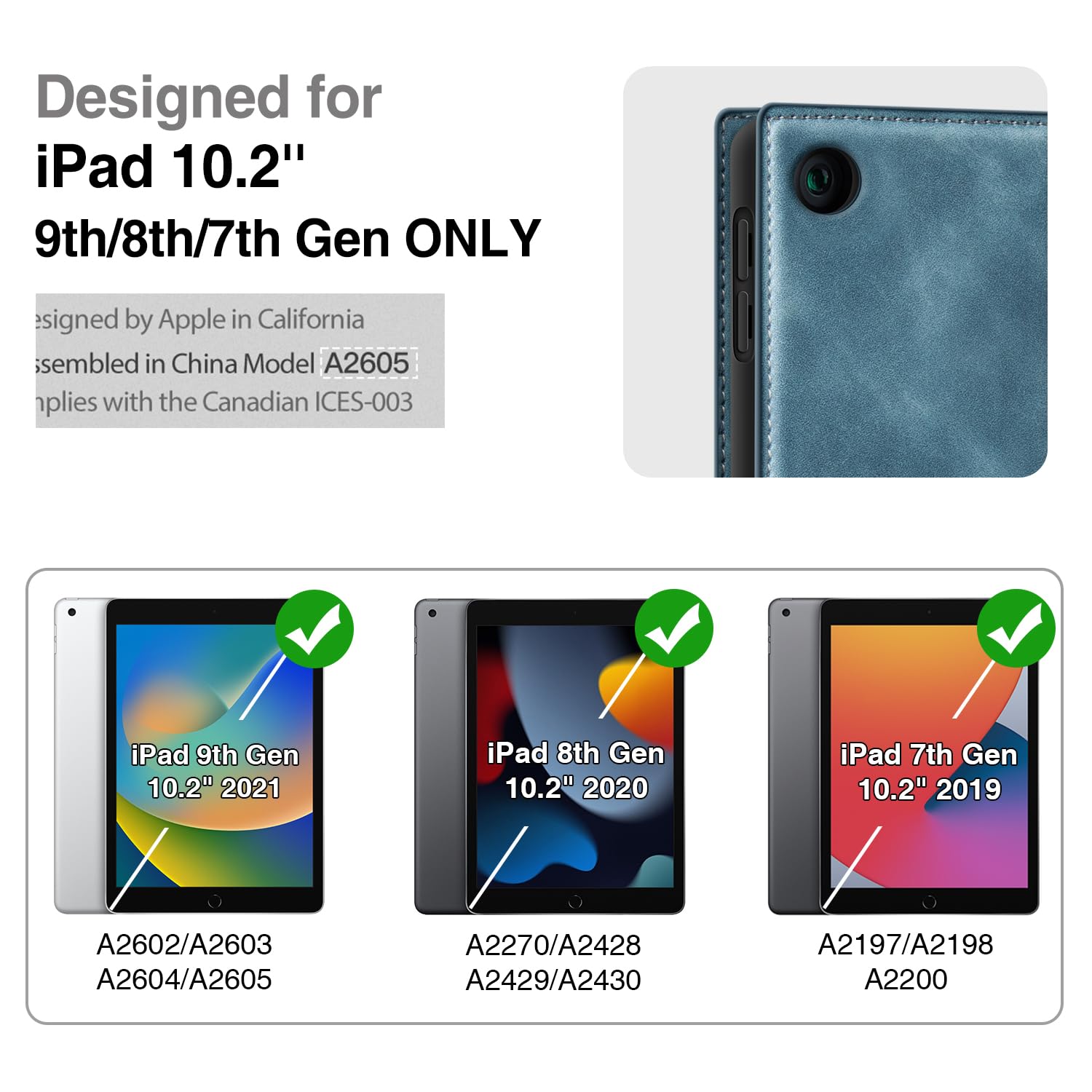Premium PU Leather Smart Case for iPad 9th/8th/7th Generation (10.2-inch 2021/2020/2019 Model) with Apple Pencil Holder & Auto Sleep/Wake - Protective iPad Cover in Blue - Perfect for Work, School & Travel