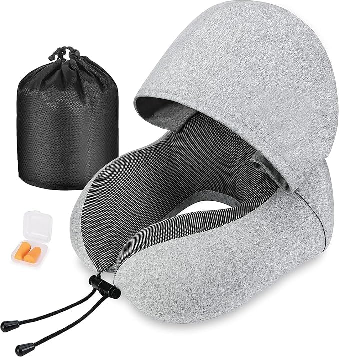 **AVIAXO Memory Foam Travel Neck Pillow for Adults - Hooded & Comfortable Flight, Airplane, Car & Train Pillow - Perfect for Long Trips & Relaxation**