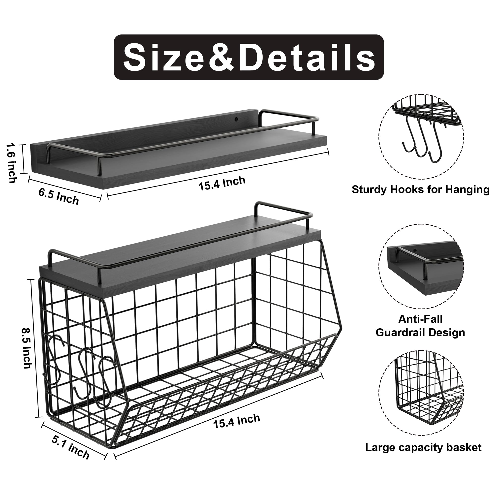 Over Toilet Wall Mounted Floating Shelves with Wire Basket & Hooks - Metal Bathroom Shelf Organizer for Storage in Bathroom, Bedroom, Kitchen, Living Room - Perfect for Small Space Organization & Home Decor