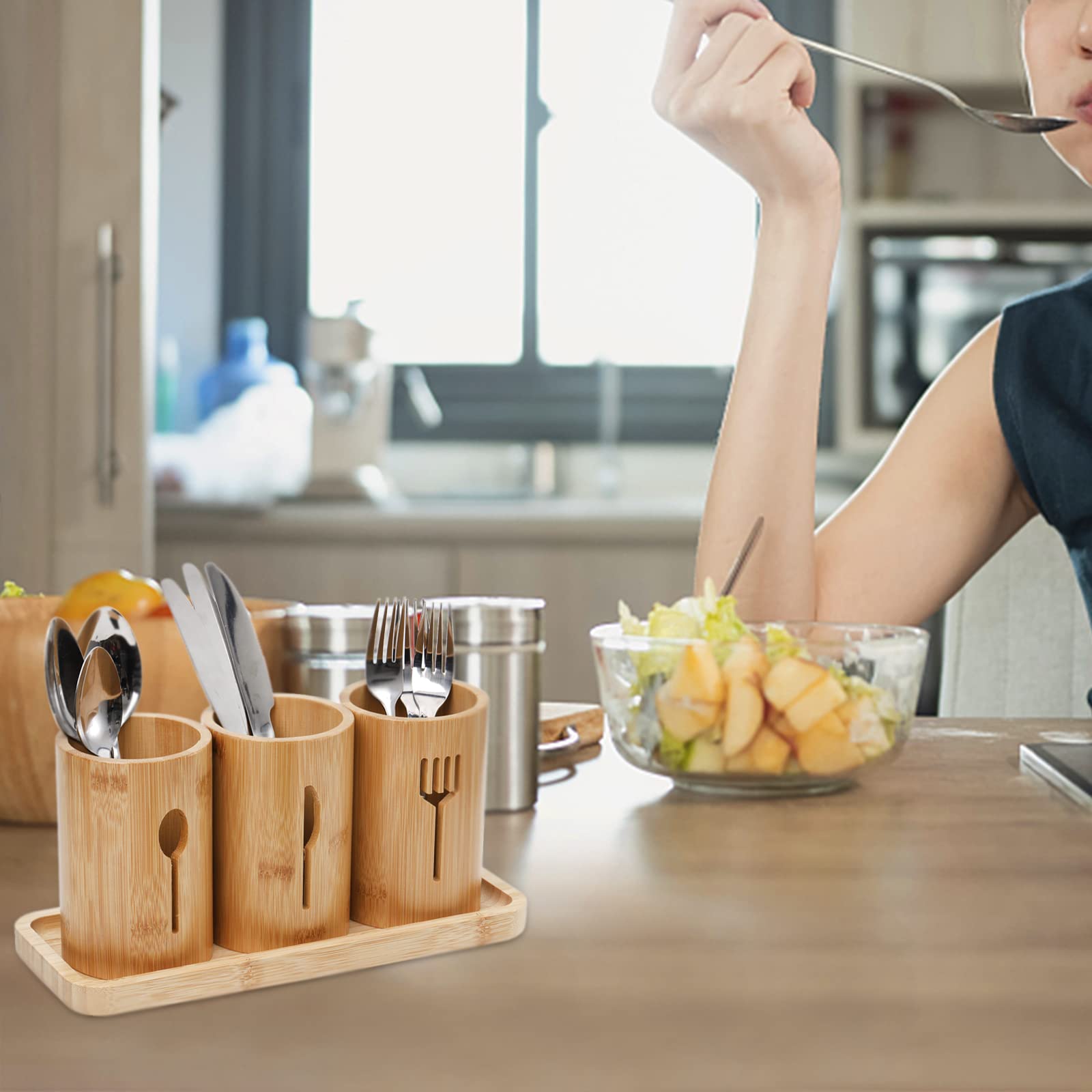 Lyellfe Bamboo Silverware Holder & Utensil Organizer with Tray - Rustic Farmhouse Kitchen Cutlery Storage for Spoons, Knives, Forks - Perfect for Home Kitchen & Restaurant Dining (Durable & Stylish Countertop Solution)