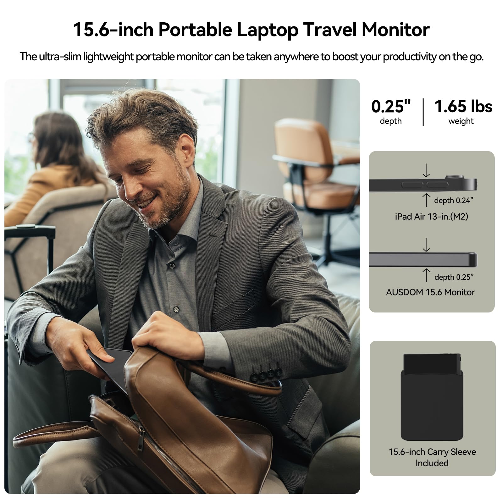 AUSDOM 15.6 Inch Portable Monitor - Full HD 1080P IPS Display, USB-C & HDMI External Travel Screen for Laptop, PC, Mac, iPad, iPhone, Gaming Consoles - Perfect for Work, Travel, and Multi-Tasking