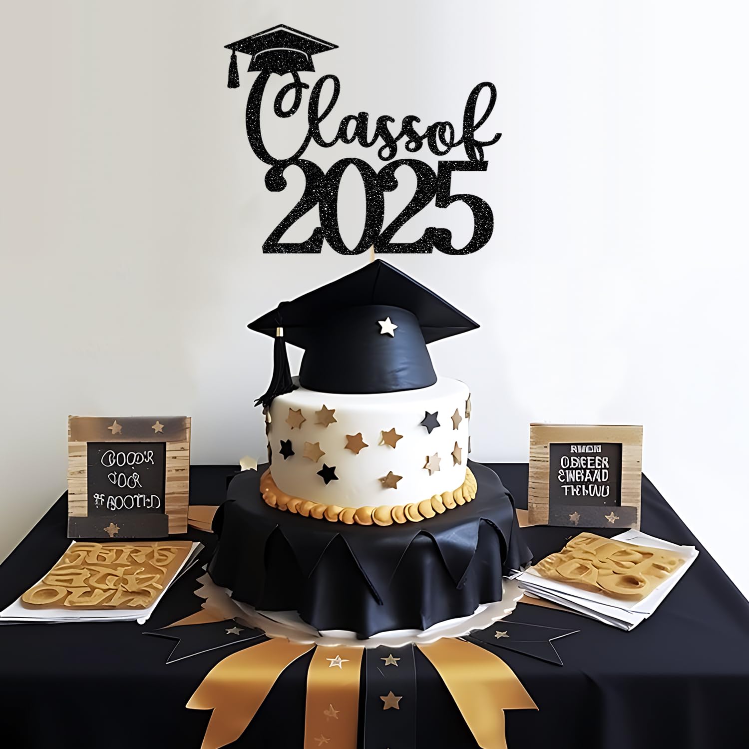 2025 Graduation Cake Topper - Black Glitter High School & College Graduation Party Decor - Class of 2025 Party Supplies for Graduation Ceremony, Commencement Celebration & Grad Night Decorations