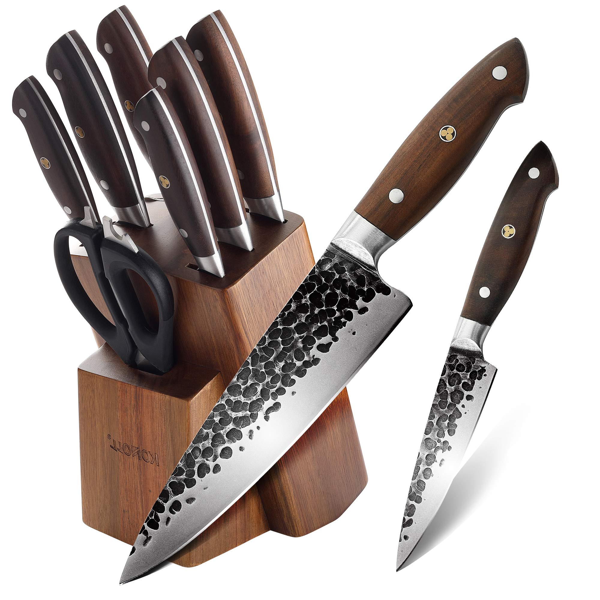 KONOLL 9-Piece Premium German Steel Knife Block Set - Ultra Sharp Forged Chef Knives with Full Tang Wood Handle, Includes Meat Cleaver - Perfect for Home Cooking, Professional Kitchens & Gift Giving