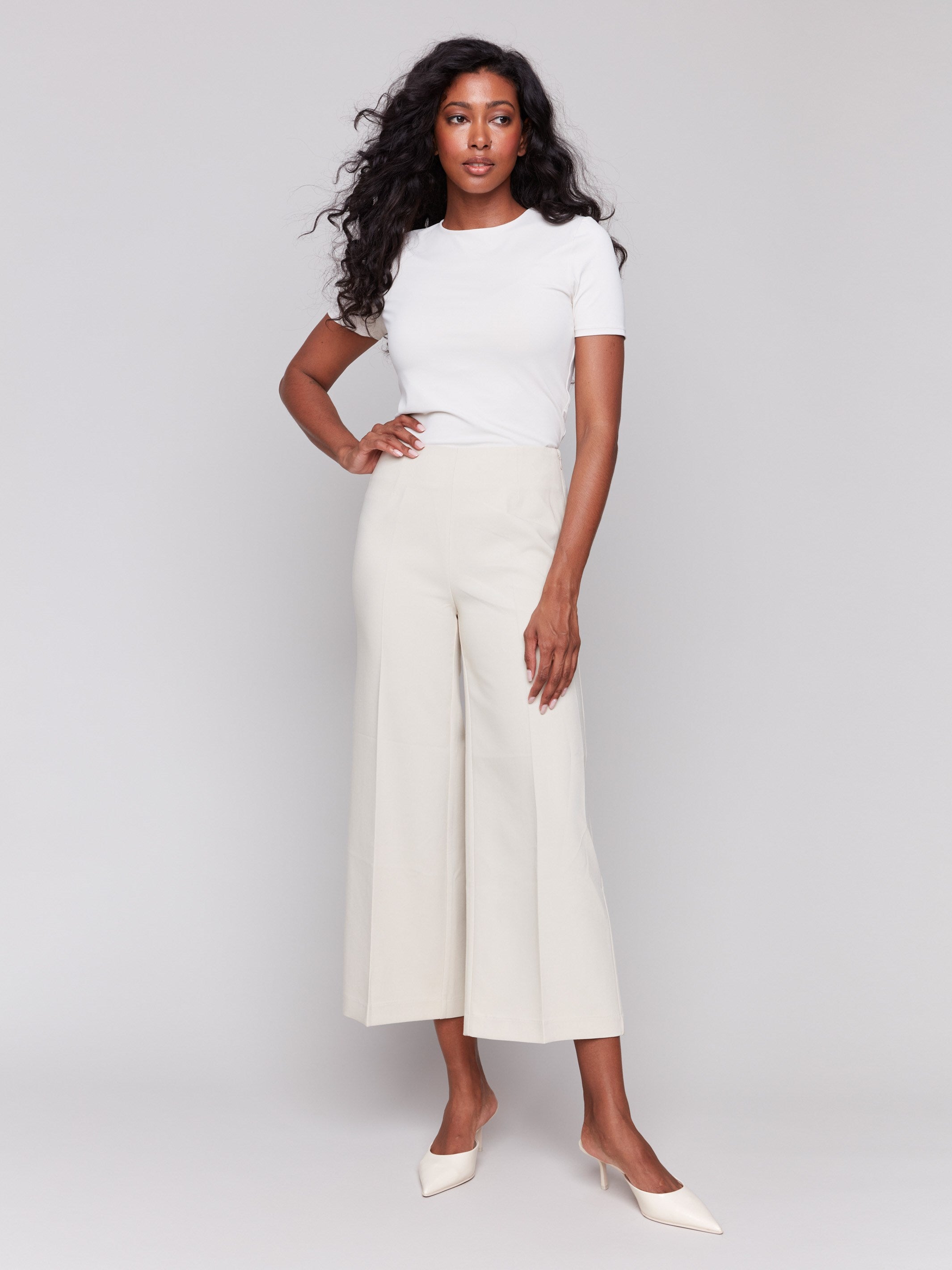 Cropped Wide Leg Pants for Women - High Waisted Linen Trousers, Beige Casual Summer Pants for Work, Travel & Everyday Wear