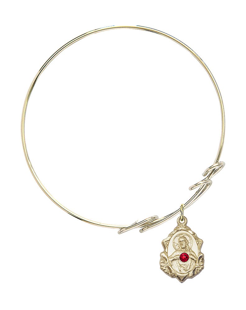8 Inch Round Double Loop Bangle Bracelet with Scapular Medal Charm & July Red Crystal - Elegant Jewelry for Women, Perfect for Gifts, Parties, and Everyday Wear