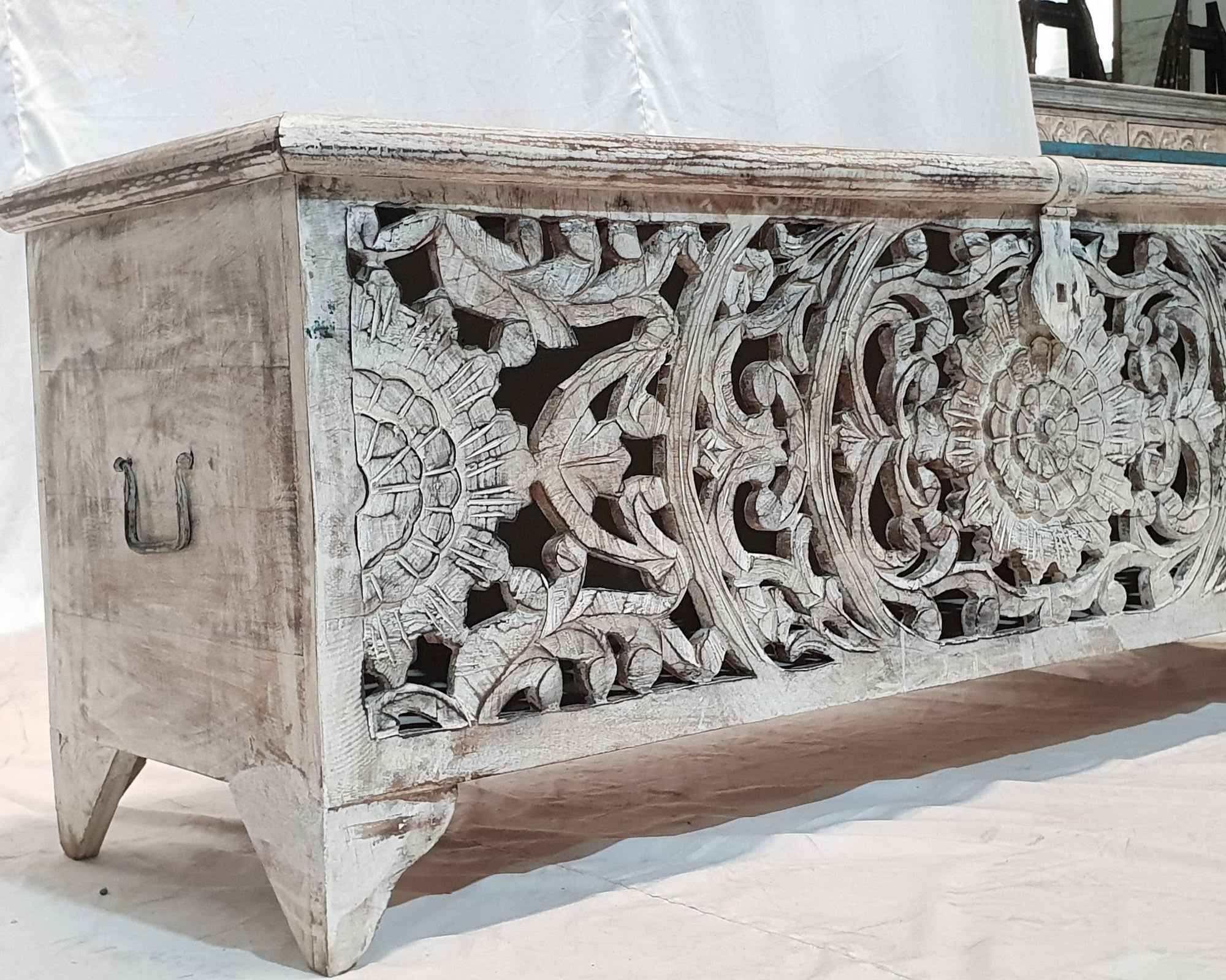 French Hand Carved Blanket Box - Whitewashed Rustic Storage Chest 55x17x20 Inches - Perfect for Bedroom, Living Room & Farmhouse Decor