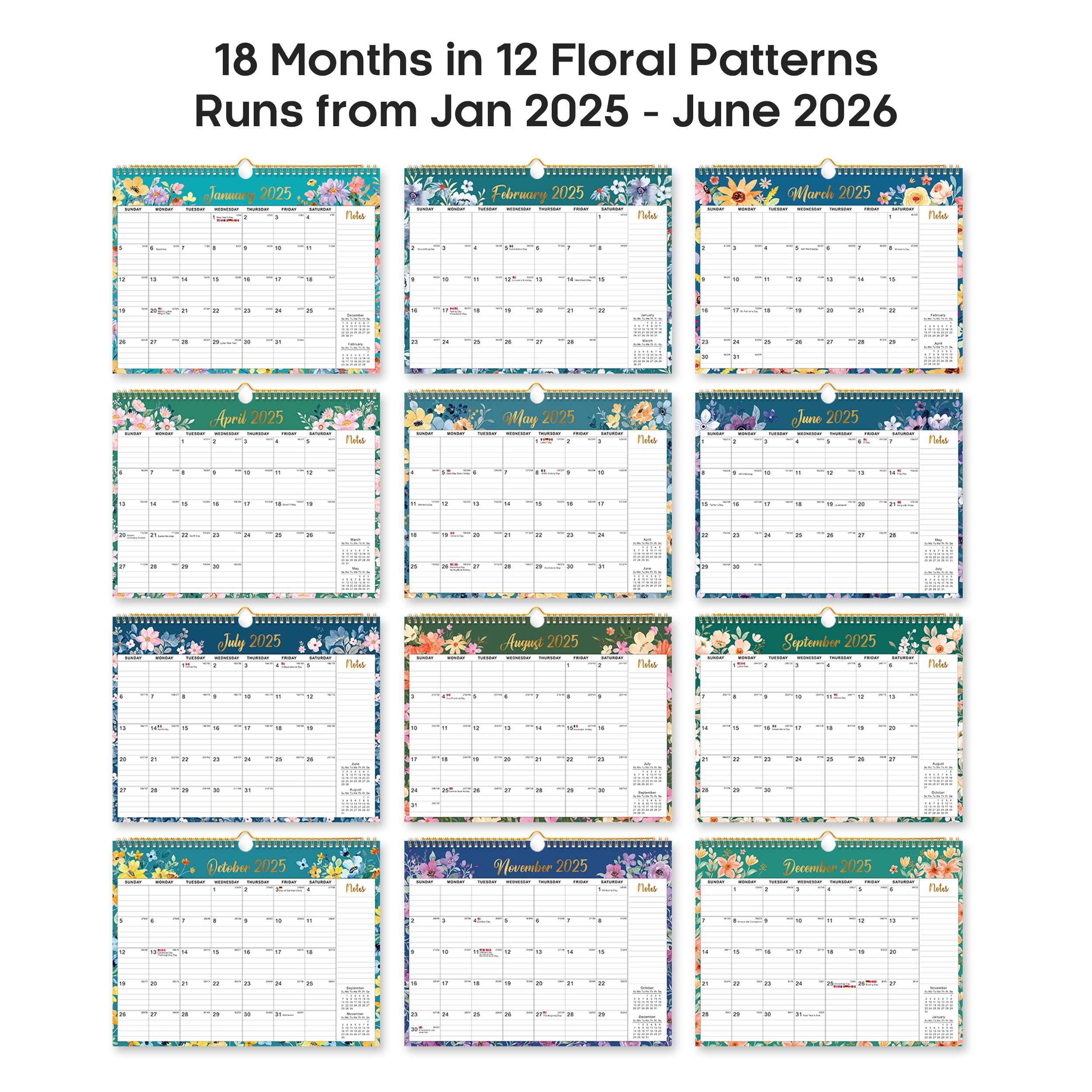2025-2026 Monthly Wall Calendar with Spiral Binding - 18 Months (Jan 2025 to Jun 2026) - 11.5