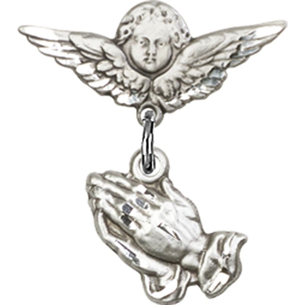 925 Sterling Silver Baby Badge with Praying Hands Charm & Angel Wing Pin - 3/4 X 3/4 Inch - Perfect for Christening, Baptism & Newborn Gifts