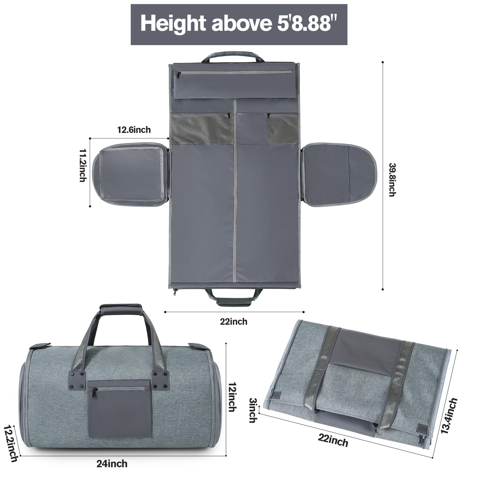 Premium Waterproof Travel Garment Bag with Shoe Compartment - 2-in-1 Convertible Suit & Shoe Storage - Large Dark Gray Carry-On for Business Trips & Weddings