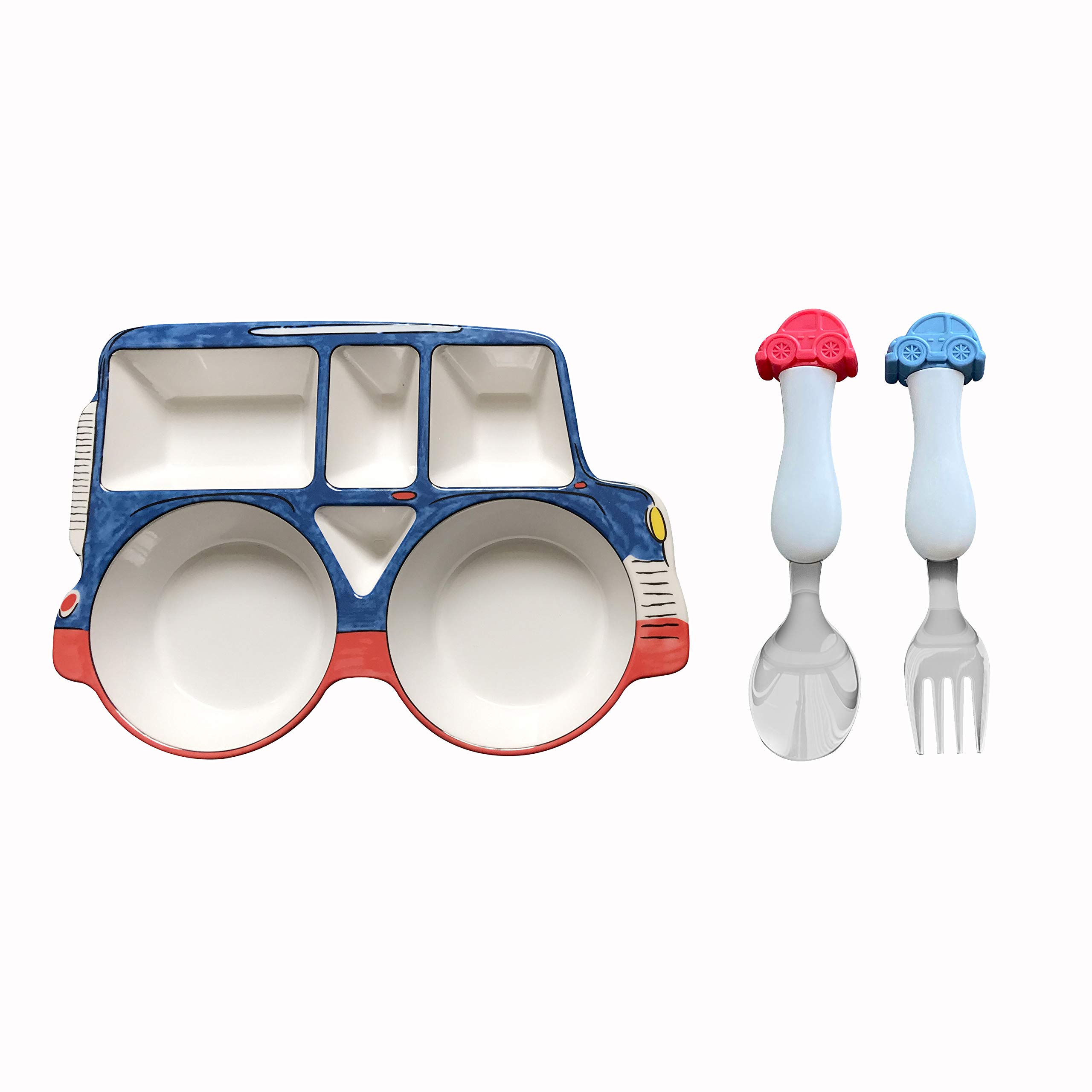 BPA-Free Car-Shaped Divided Plate with Spoon & Fork Set - Eco-Friendly Toddler Dinnerware for Kids, Boys & Girls - Perfect for Snacks, Meals & Picky Eaters - Fun Car-Themed Feeding Utensils for Children's Dining
