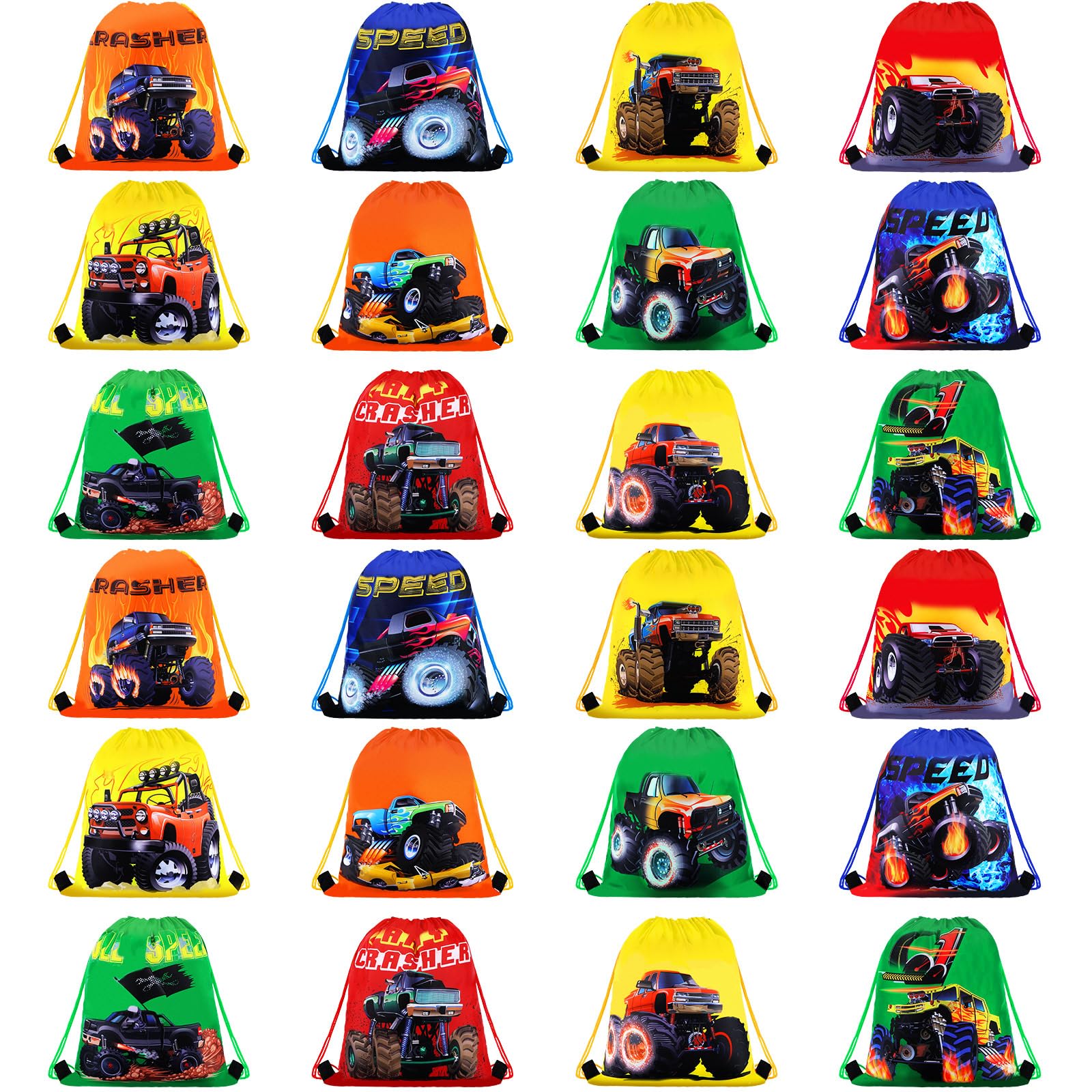 24-Piece Stylish Racing Truck Drawstring Backpacks - Colorful Party Favor Bags for Kids Birthday, Candy Storage & Goodie Bags | Perfect for Birthday Decorations, School Events & Themed Parties