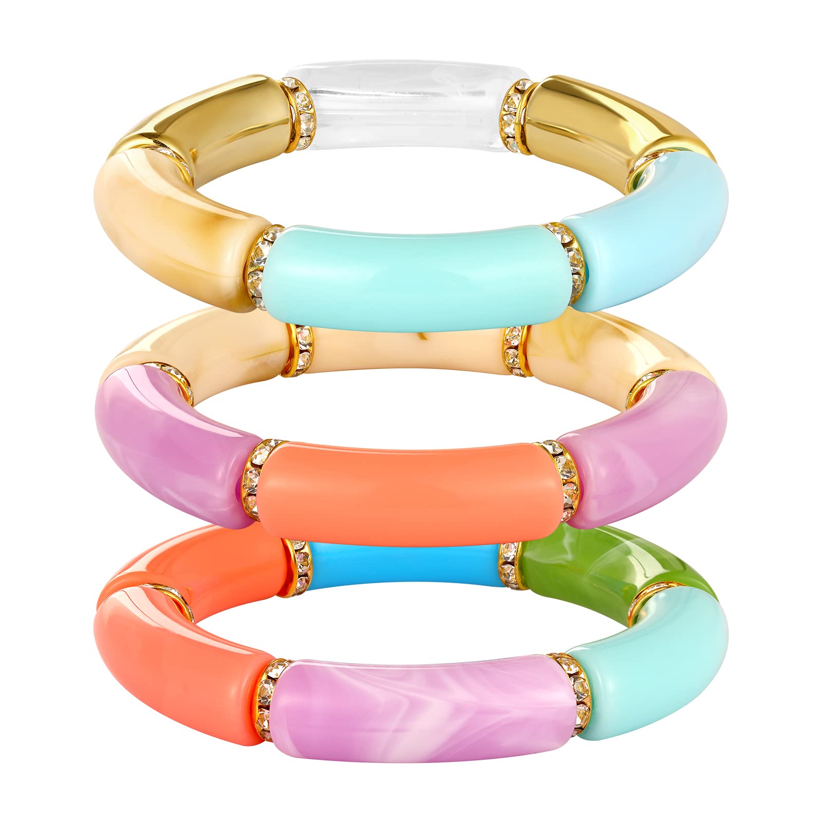 Chunky Gold Bamboo Tube Bracelet - Stretchable Acrylic Clear Colorful Beads Bangle for Stacking | Friendship Jewelry Gift for Women | Perfect for Everyday Wear, Boho Outfits & Gift Giving