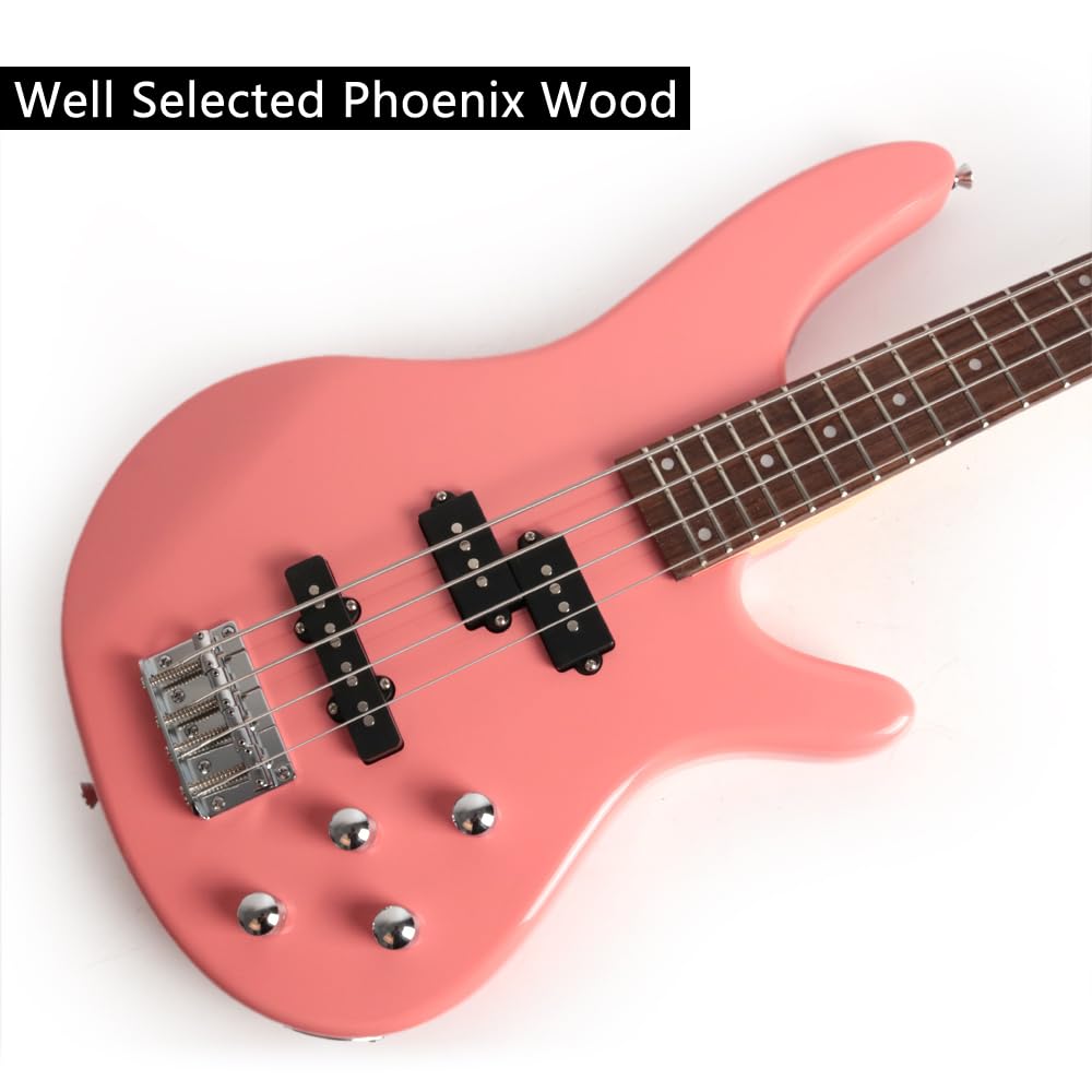 Full Size FBIB-60 Electric Bass Guitar 4 String Right Handed with Gig Bag (Pink) - Perfect for Beginners, Live Performances & Studio Recording