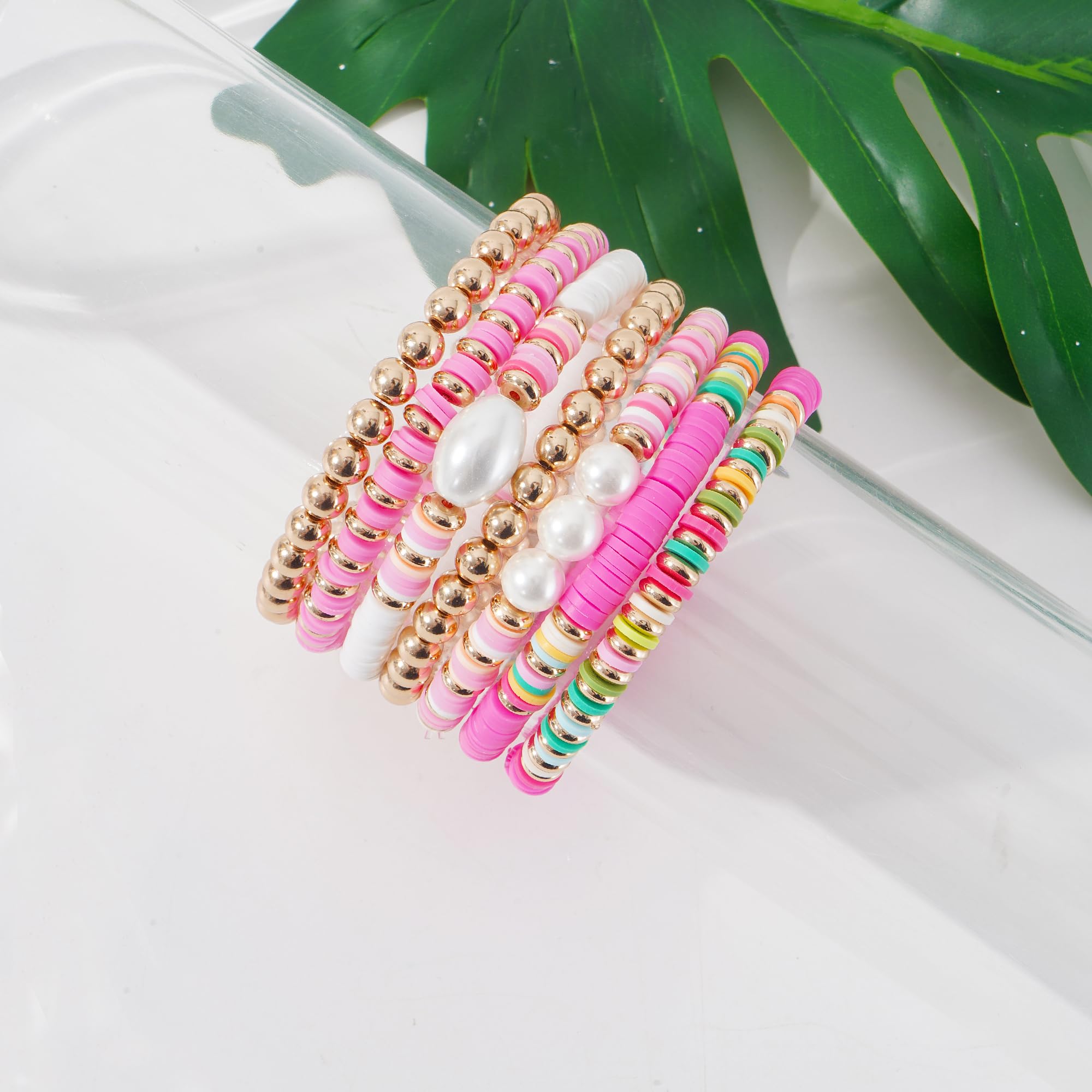 Stackable Gold Polymer Bead Stretch Bracelet Set for Women - Summer Surfer Heishi Layering Jewelry - Perfect for Beach Vacations, Boho Fashion & Everyday Wear