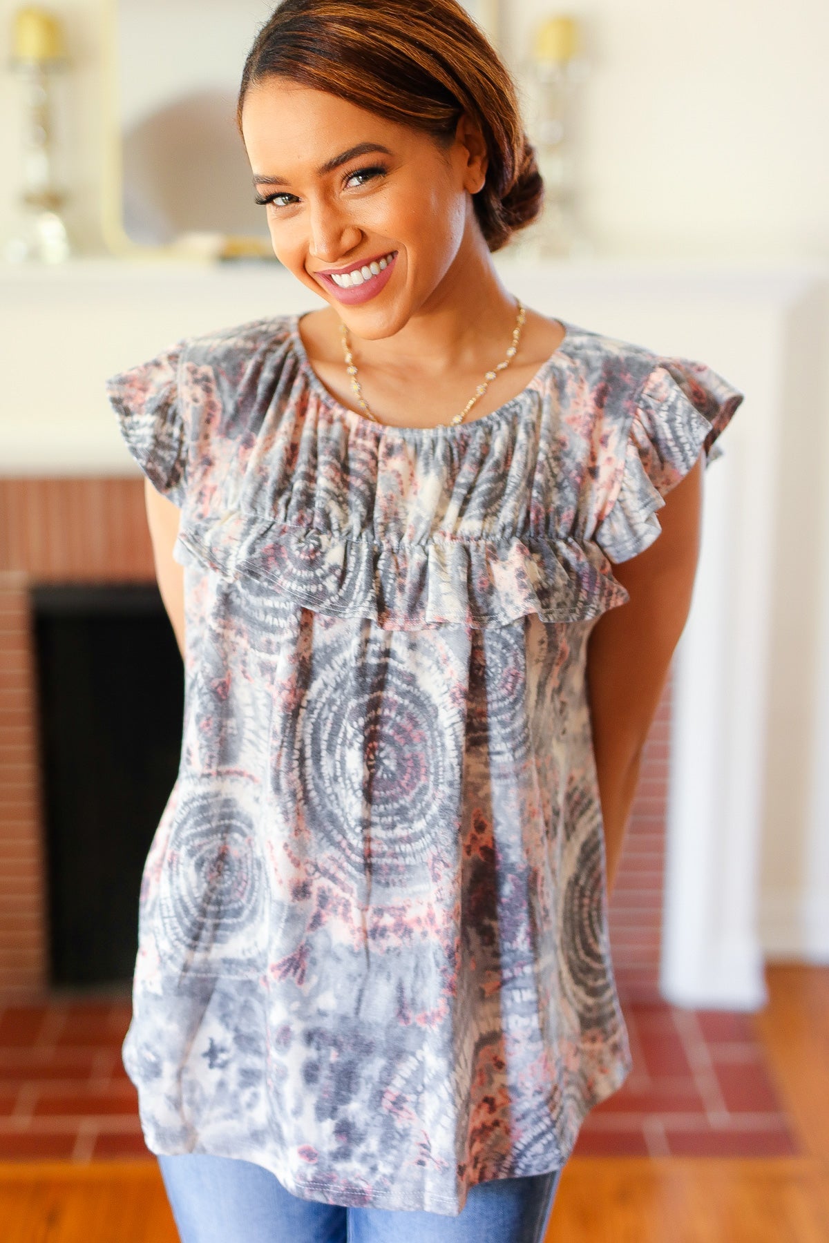 Stylish Gray & Coral Tie Dye Frilled Short Sleeve Yoke Top for Women - Perfect for Casual Outings, Beach Vacations & Summer Fashion