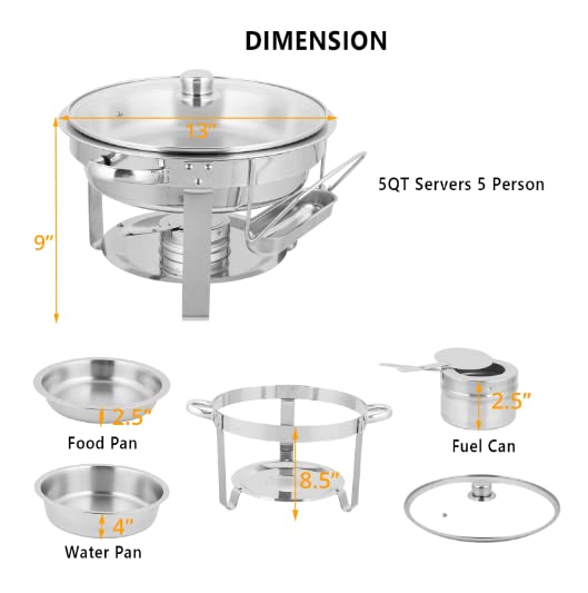 ROVSUN 5Qt 4-Pack Stainless Steel Chafing Dish Buffet Set - NSF Certified Round Food Warmers for Catering, Weddings & Banquets - Includes Glass Lids & Holder with Sturdy Stand Frame - Perfect for Buffet Serving, Party Events & Food Warming Stations