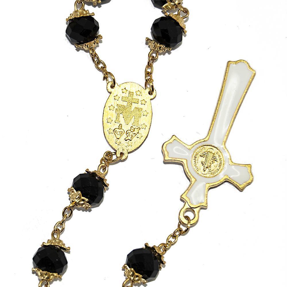 Black Crystal Rosary Beads Necklace with Gold Plated Miraculous Medal - Religious Jewelry for Prayer, Meditation & Catholic Gifts