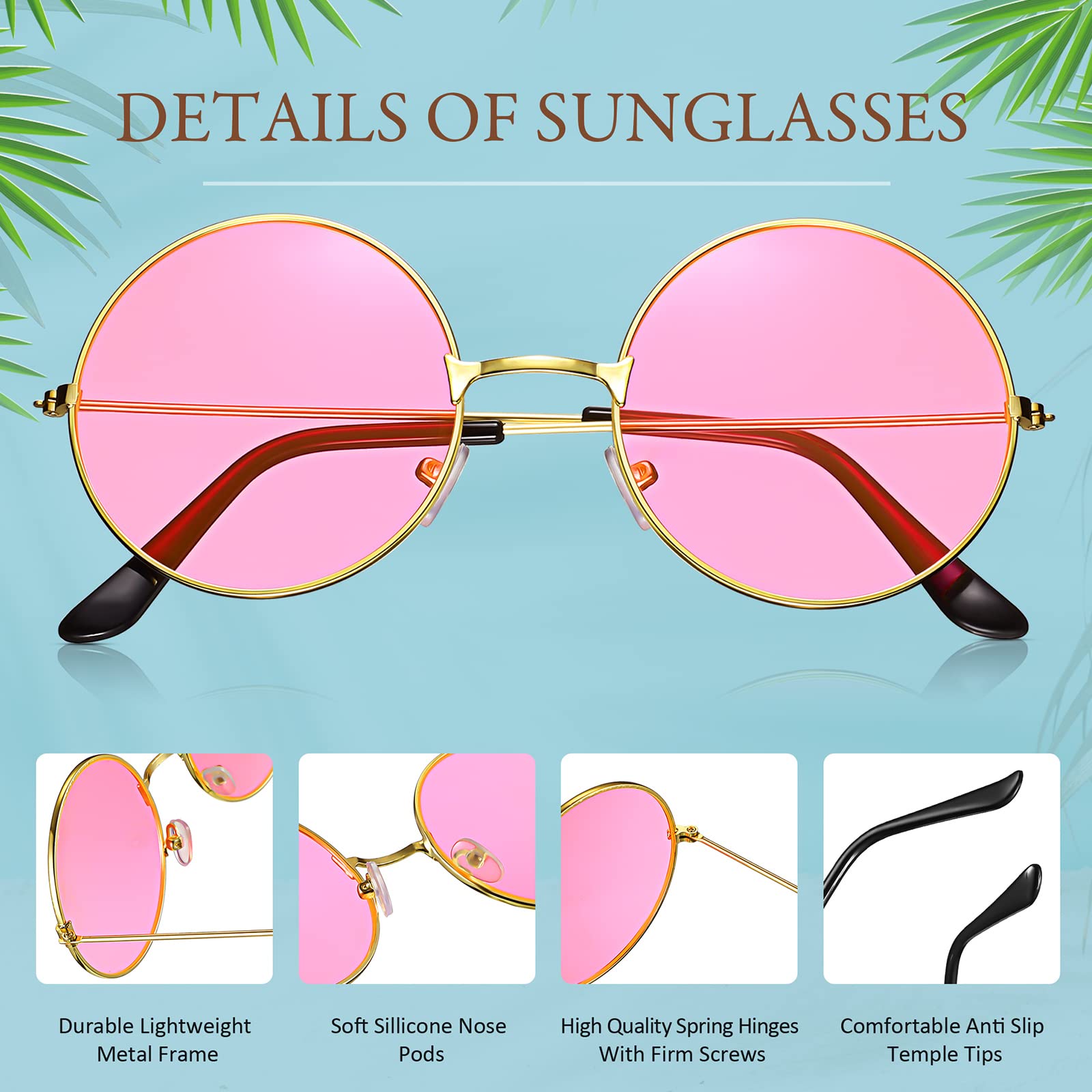 60s Retro Hippie Costume Accessories Set - 4 Piece Hippie Glasses, Peace Sign Pendant Necklace for Men & Women - Perfect for Halloween, Theme Parties, and 60s Inspired Outfits