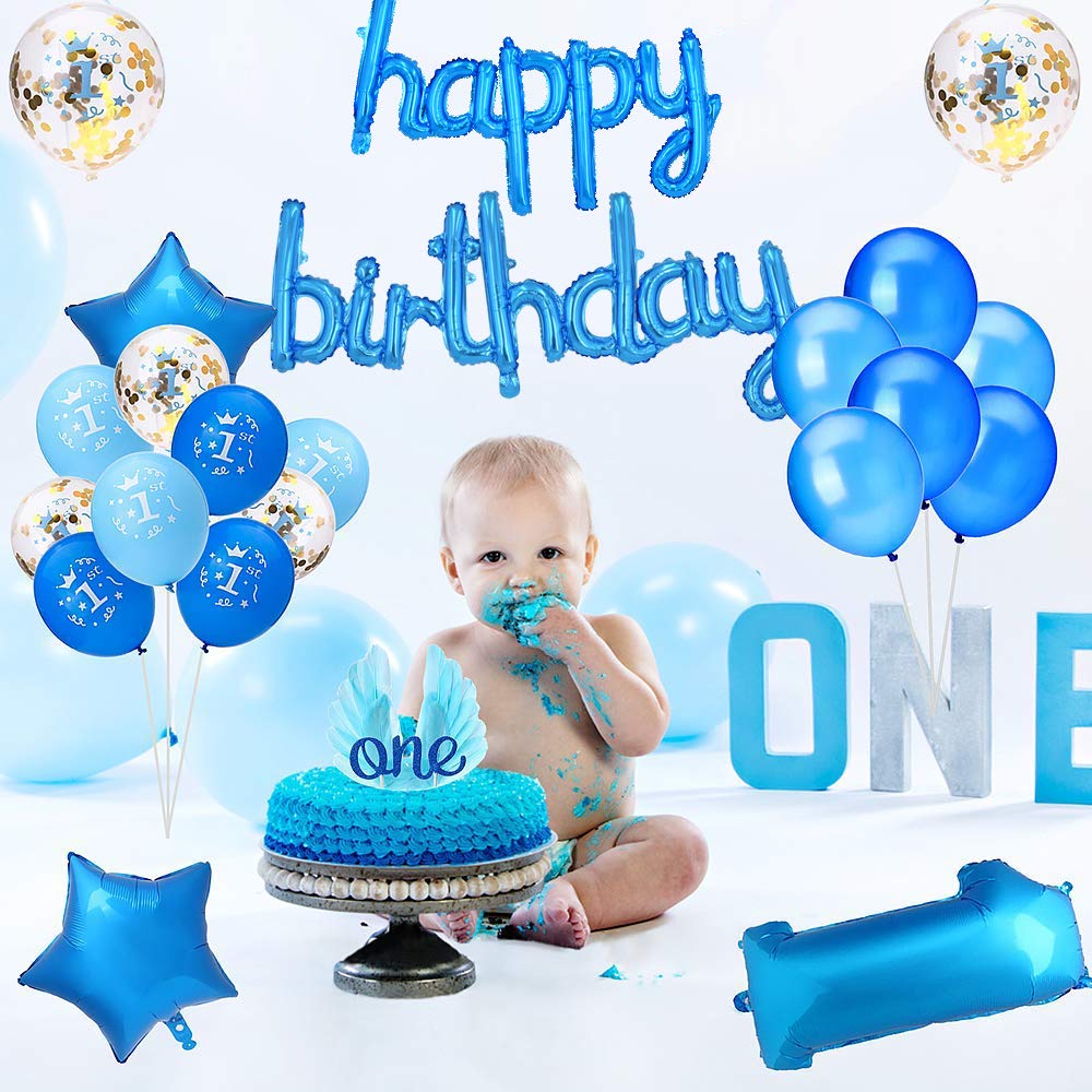 BEISHIDA 16 Inch Blue Happy Birthday Mylar Foil Balloons & Banner Set - Ocean Theme Party Decorations for Kids & Adults - Perfect for Birthday Celebrations, Baby Showers & Graduation Parties