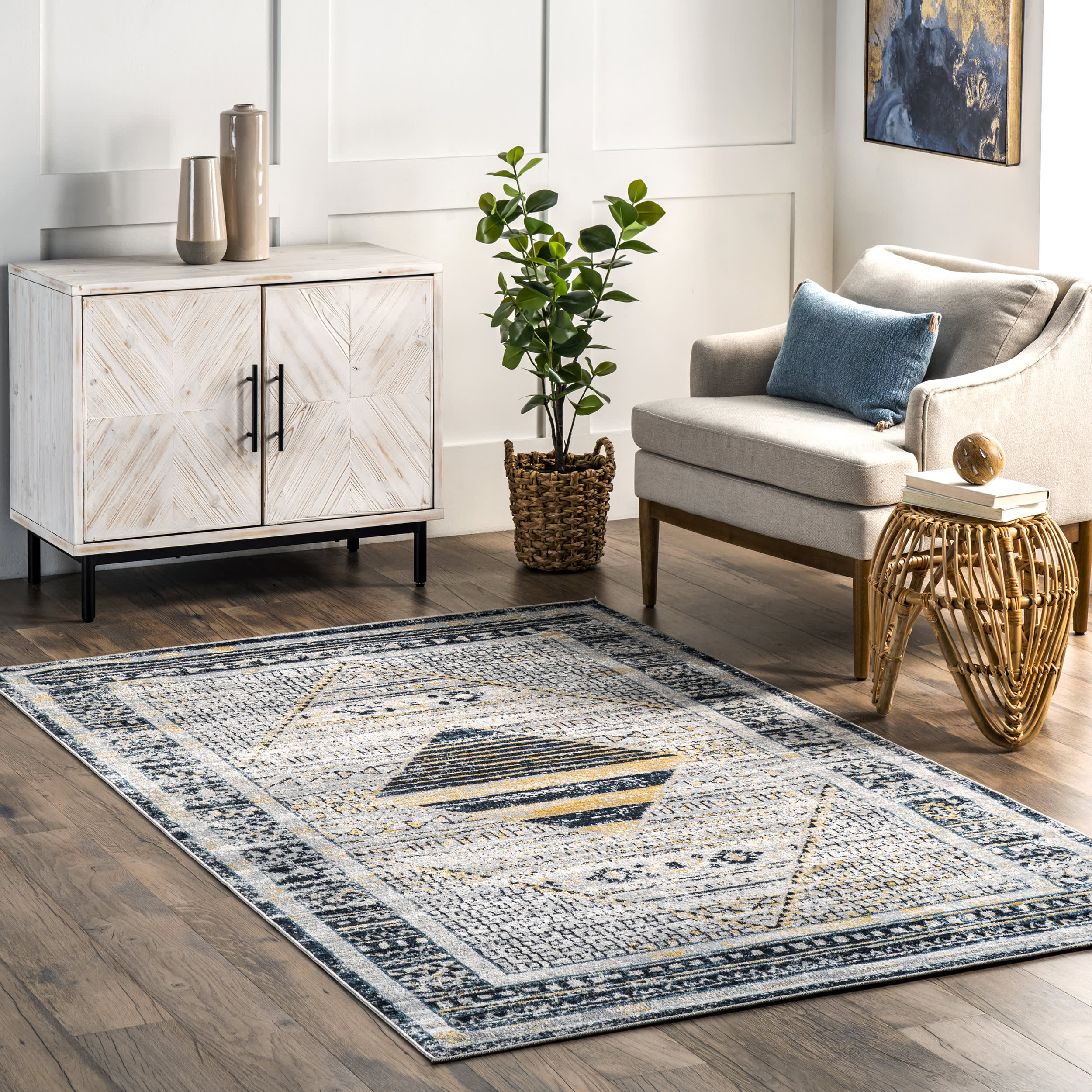 Connie Washable Bordered Area Rug - Light Grey | Soft & Durable Living Room Carpet for Home Decor