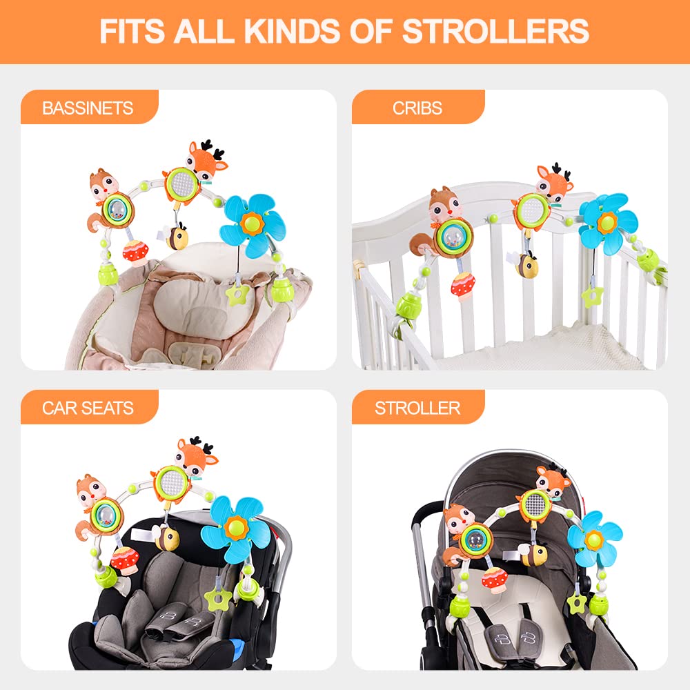 Koty Baby Stroller Arch Toy with Teether, Rattle, Crinkle Sound, Mirror & Music Box - Sensory Activity Toy for Newborns 0-12 Months - Adjustable for Car Seats, Strollers & Bouncers - Perfect for Travel, Playtime & Developmental Stimulation (Deer Design)