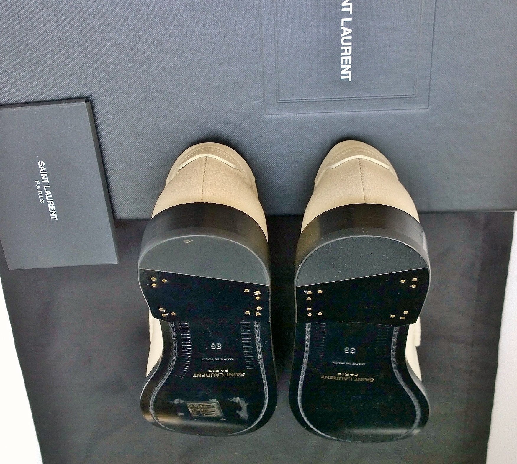 Saint Laurent Le Leather YSL Penny Loafers in Cream - New in Box with Minor Imperfections | Luxury Women's Shoes for Office, Date Night & Formal Events
