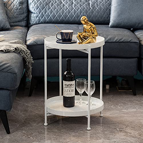 White Folding End Table with Round Tray Storage - Small Iron Metal Side Table for Bedroom, Living Room & Sofa | Perfect as Bedside Table, Coffee Table or Compact Living Room Furniture