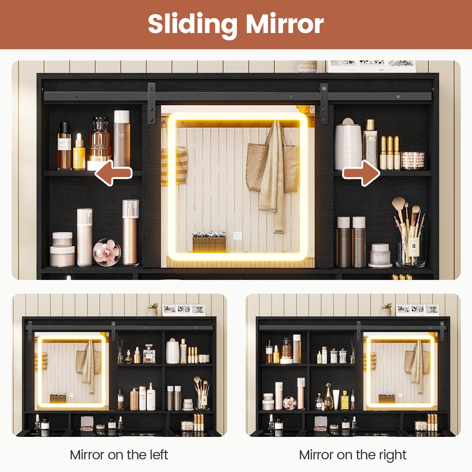 Farmhouse Makeup Vanity with LED Lights & Sliding Mirror - Glass Top Vanity Desk with USB Charging Station - Large Makeup Table with 5 Drawers, Shelves & Cabinets - Wood-Grain Black Finish - Perfect for Bedroom, Dressing Room & Bridal Suite Makeup Organization