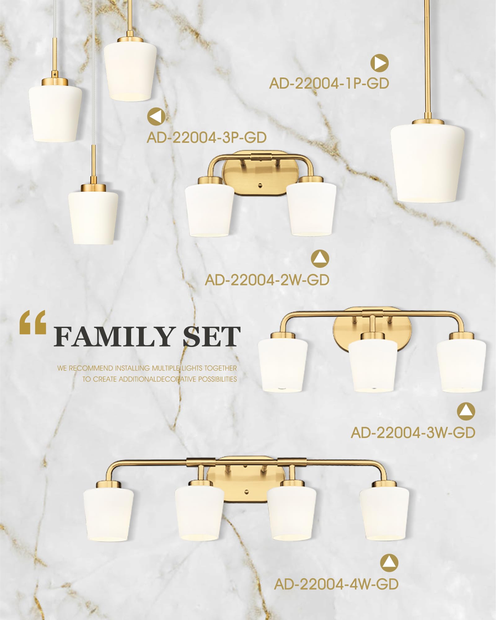 Brushed Gold Bathroom Vanity Light - Farmhouse Brass Wall Sconce with Milk White Glass Shades, 3-Light Champagne Bronze Fixture for Mirror Lighting (AD-22004-3W-GD) - Perfect for Bathroom, Powder Room, and Farmhouse Decor