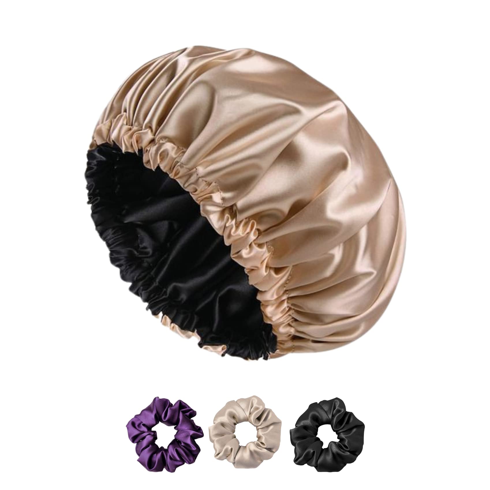 Atrube Satin Silk Hair Bonnet Cap for Sleeping - Silk Satin Scrunchies & Head Wrap for Curly Hair Protection - Soft Satin Hair Cap for Nighttime & Travel Use